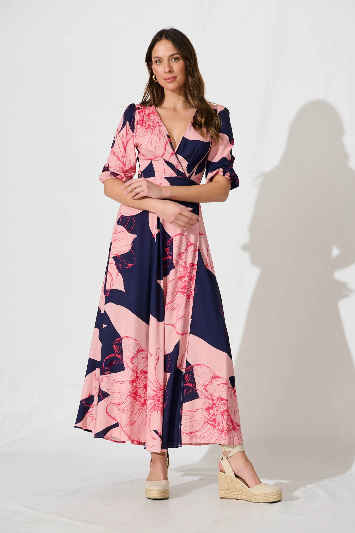 Ronda Maxi Wrap Dress In Navy With Blush Flower Print - Image 9