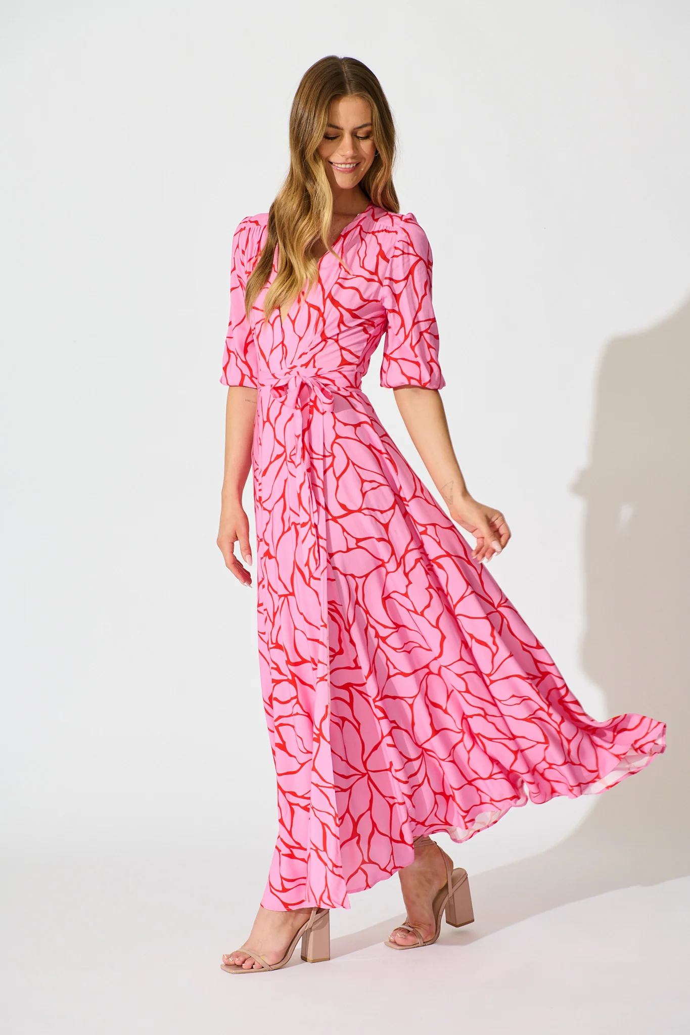 Ronda Maxi Wrap Dress in Pink Geometric Print - Image 3