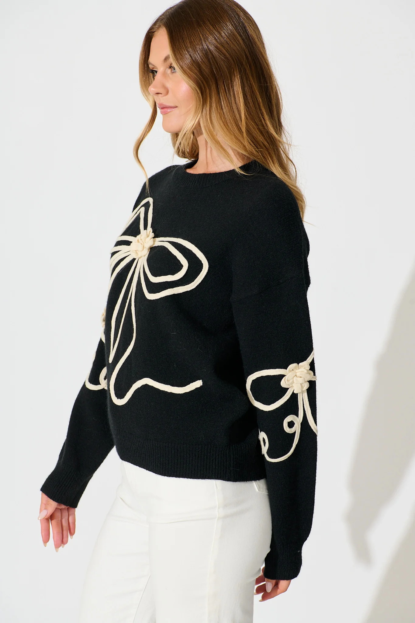 Rosa Knit in Black with Cream Bow Cotton Blend - Image 2