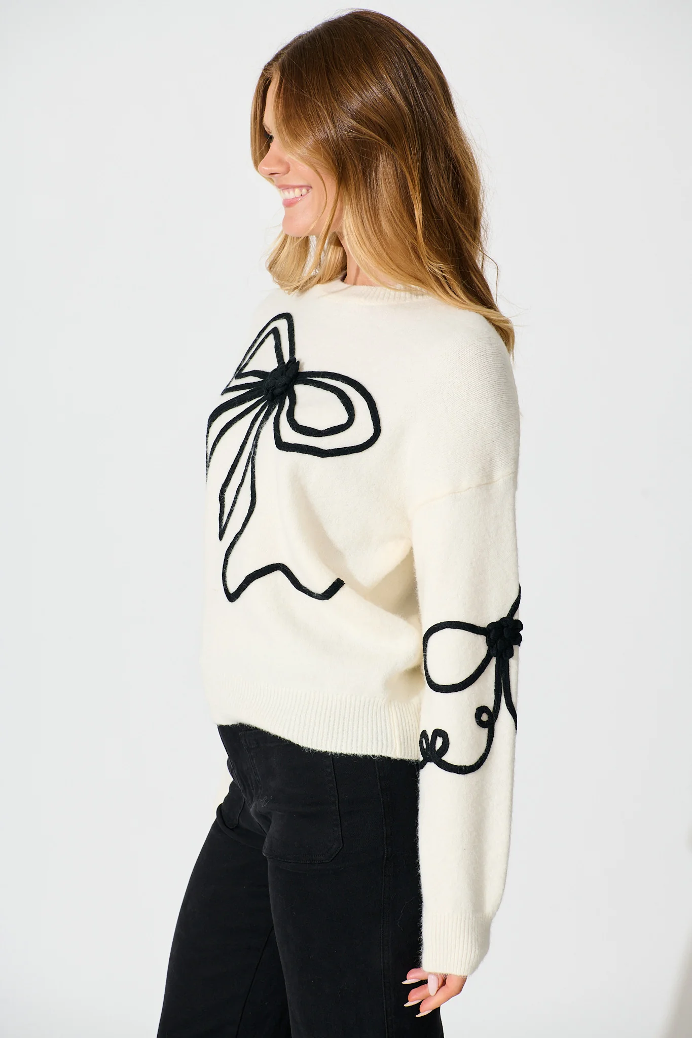 Rosa Knit in Cream with Black Bow Cotton Blend - Image 2