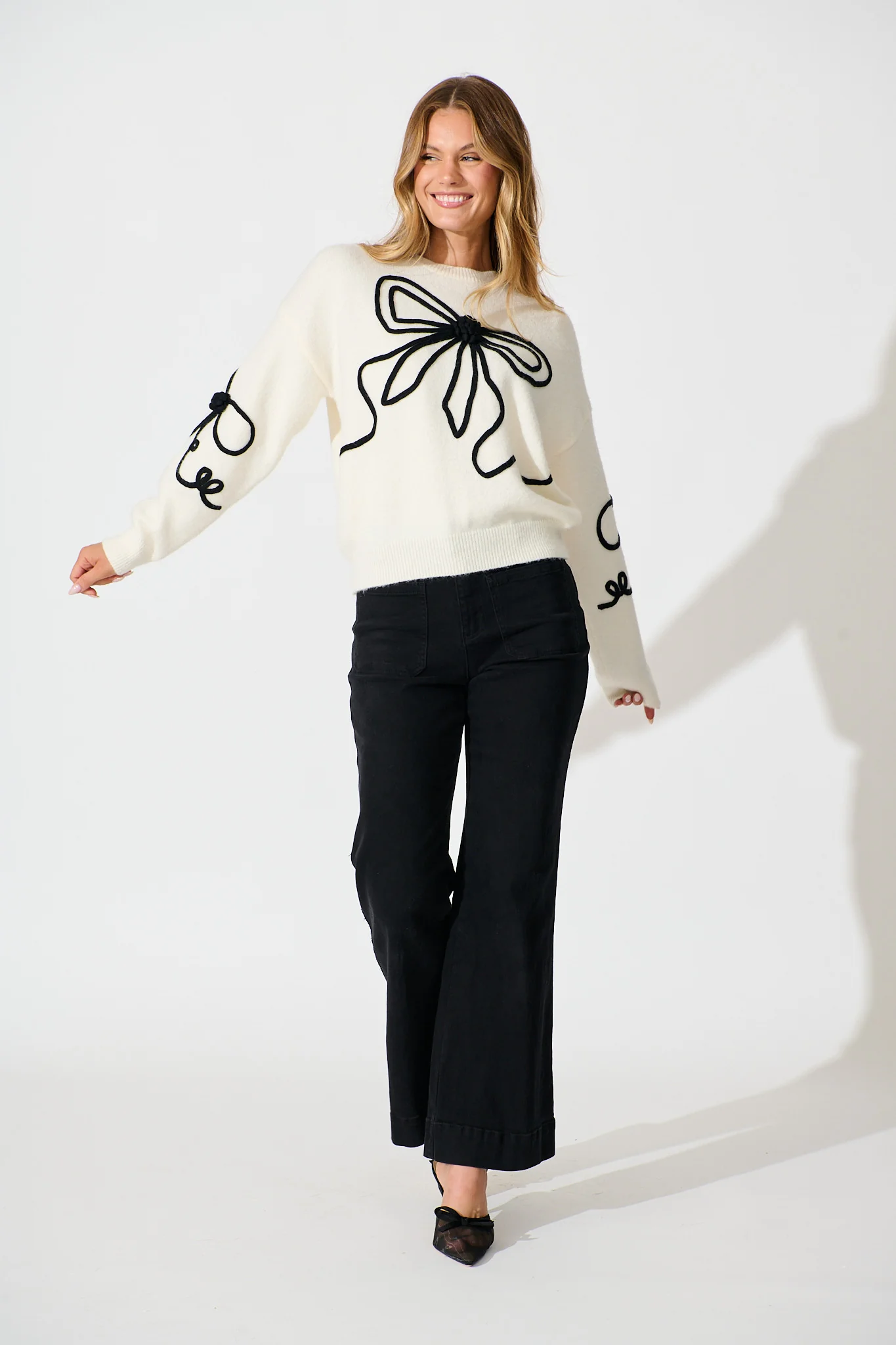 Rosa Knit in Cream with Black Bow Cotton Blend - Image 4