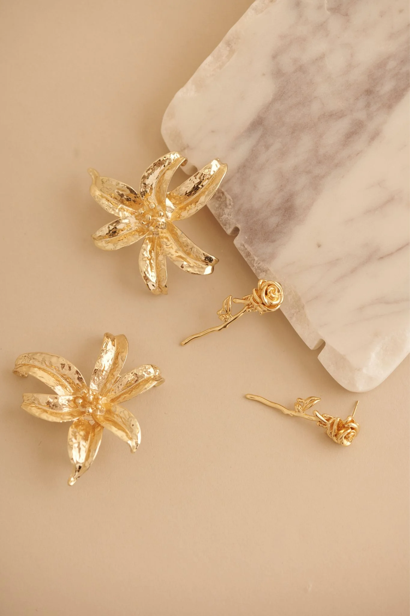 Rosalie Drop Earrings in Gold Sculpted Rose - Image 2