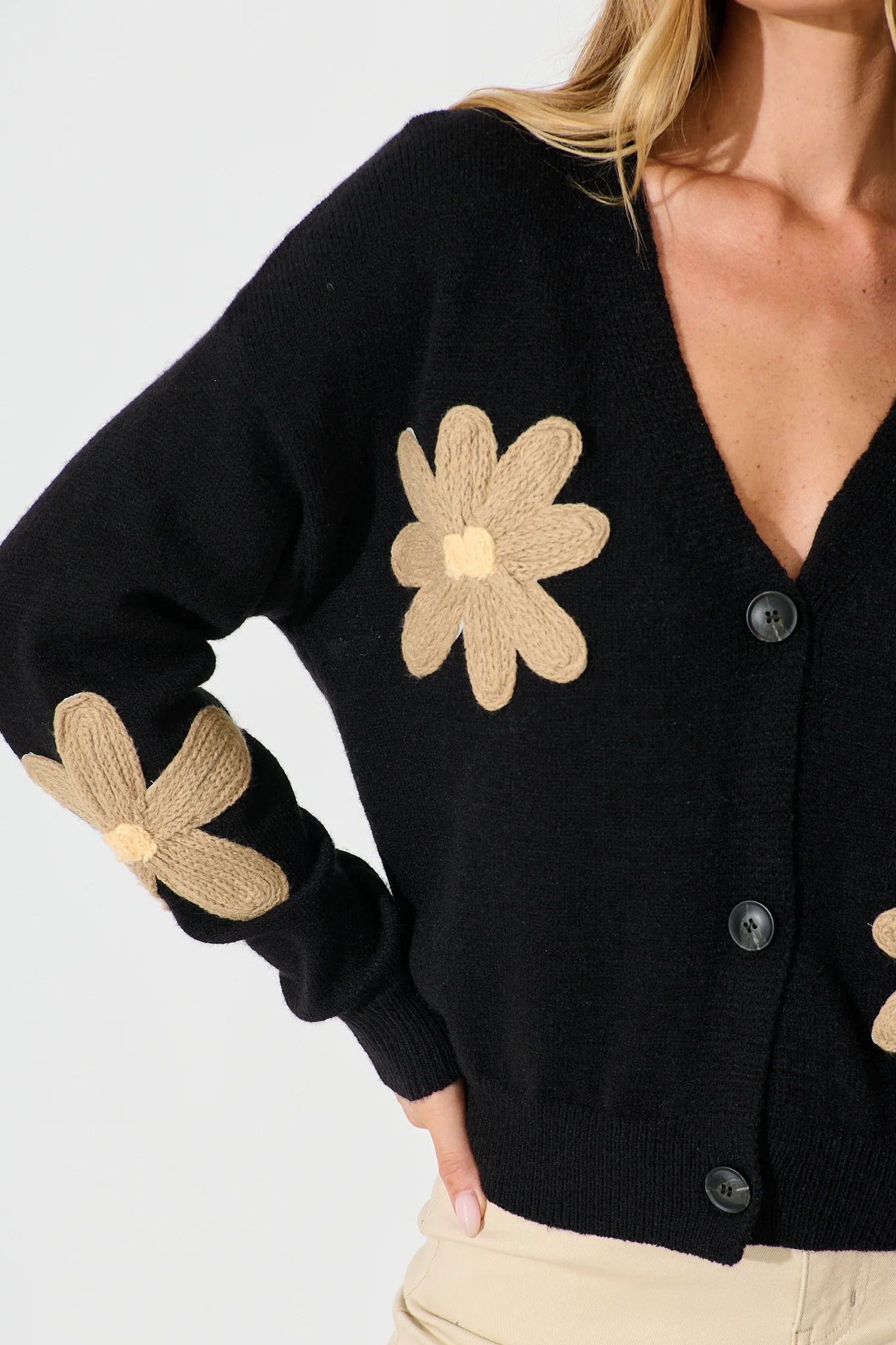 Rosalie Knit Cardigan in Black with Beige Flowers - Image 5