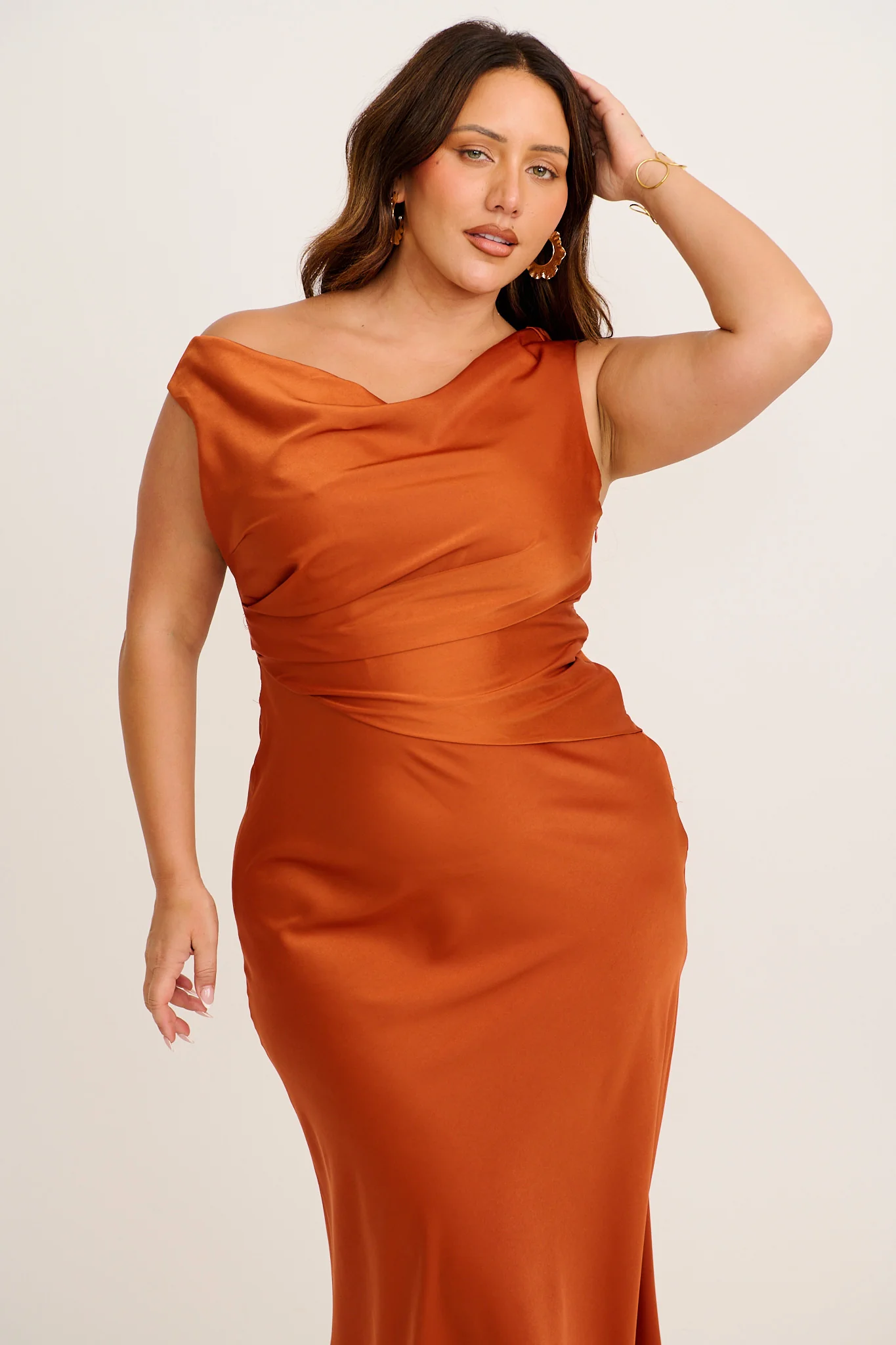 Rosé Nights Off Shoulder Maxi Dress in Rust Satin - Image 7