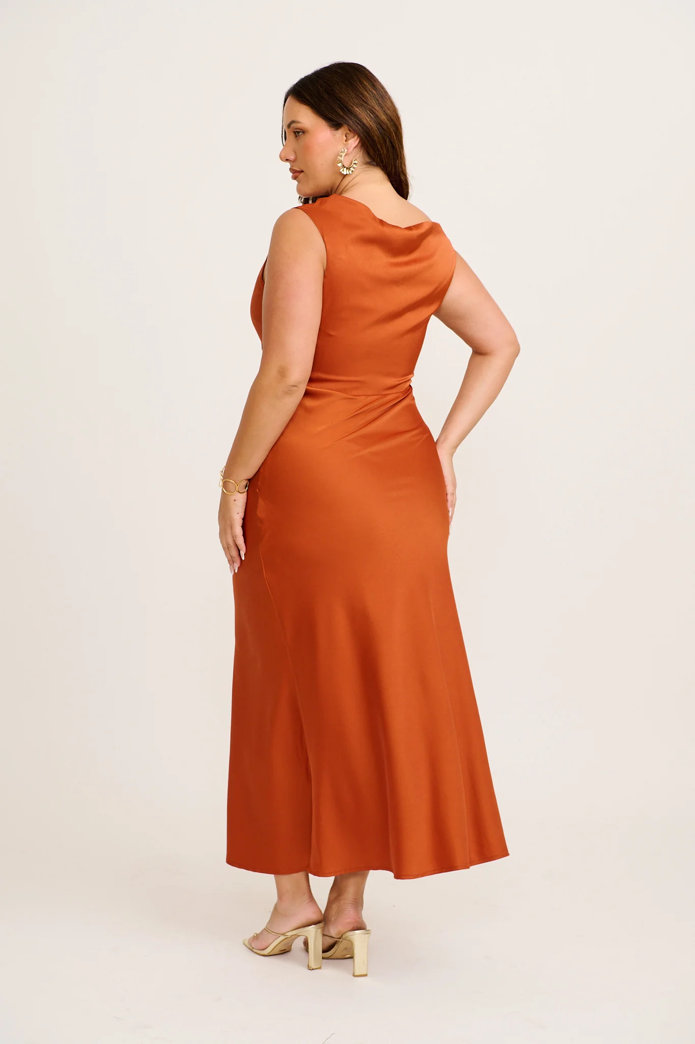 Rosé Nights Off Shoulder Maxi Dress in Rust Satin - Image 9