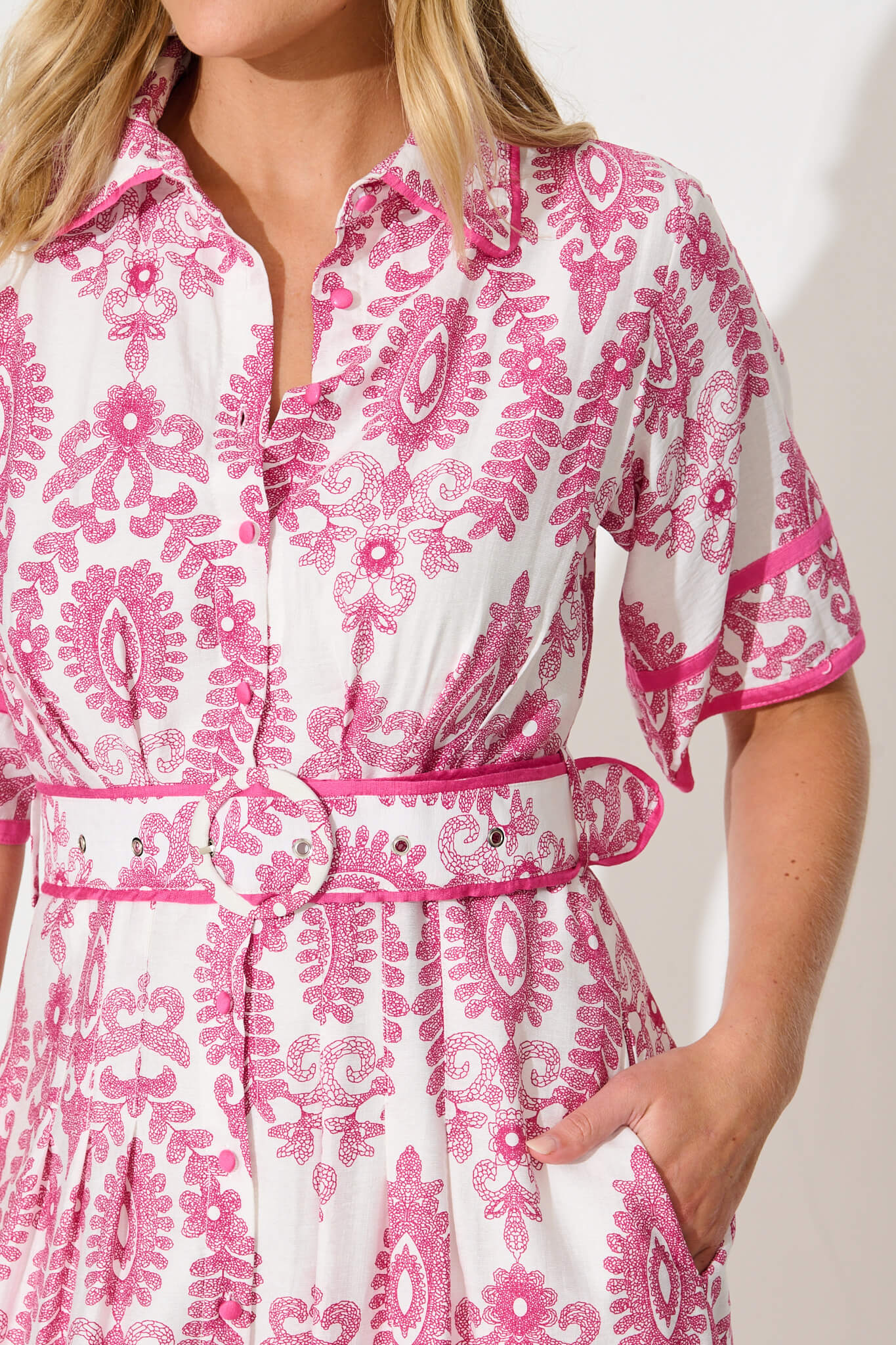 Rosella Midi Shirt Dress in White with Pink Floral Print - Image 5