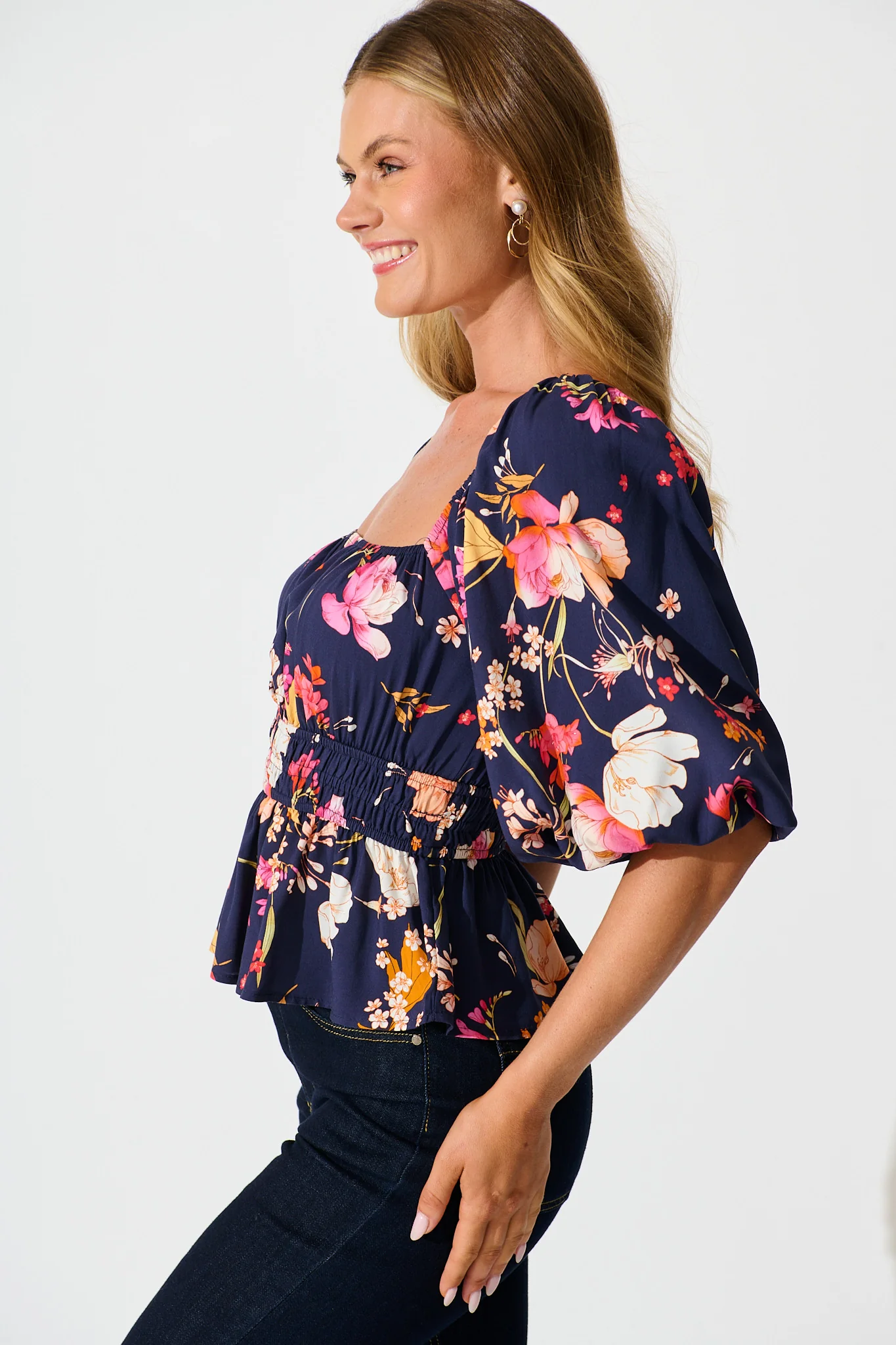 Rosella Top In Navy with Multi Floral - Image 6