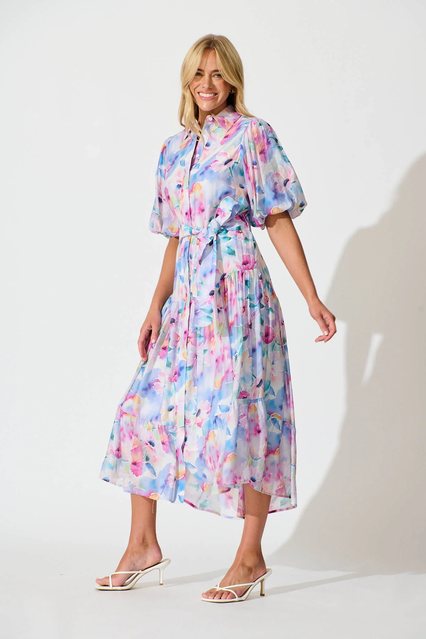 Rosina Maxi Shirt Dress in Pastel Watercolour Floral - Image 3
