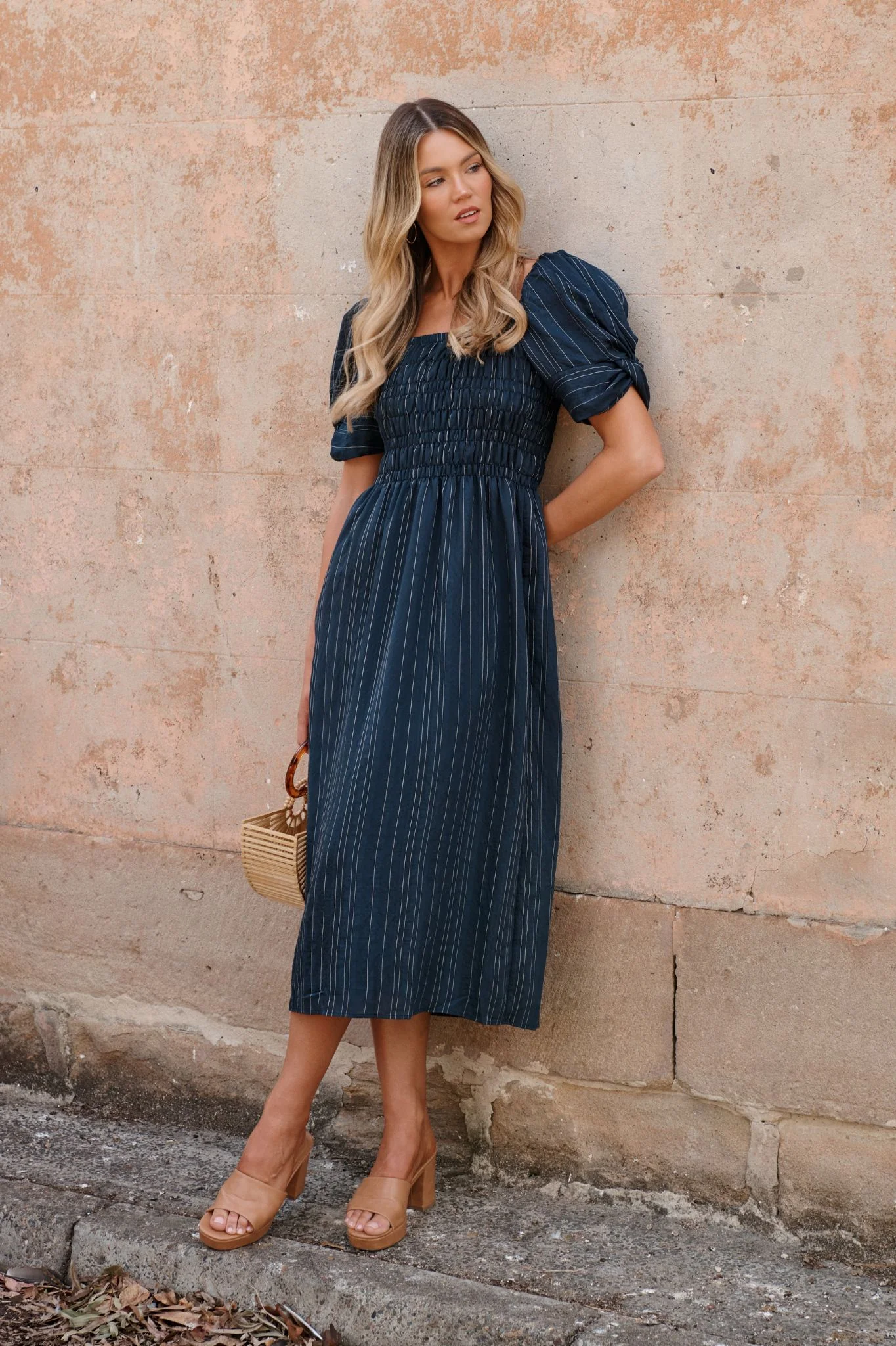 Rouse Midi Dress in Navy with White Stripe Cotton Blend
