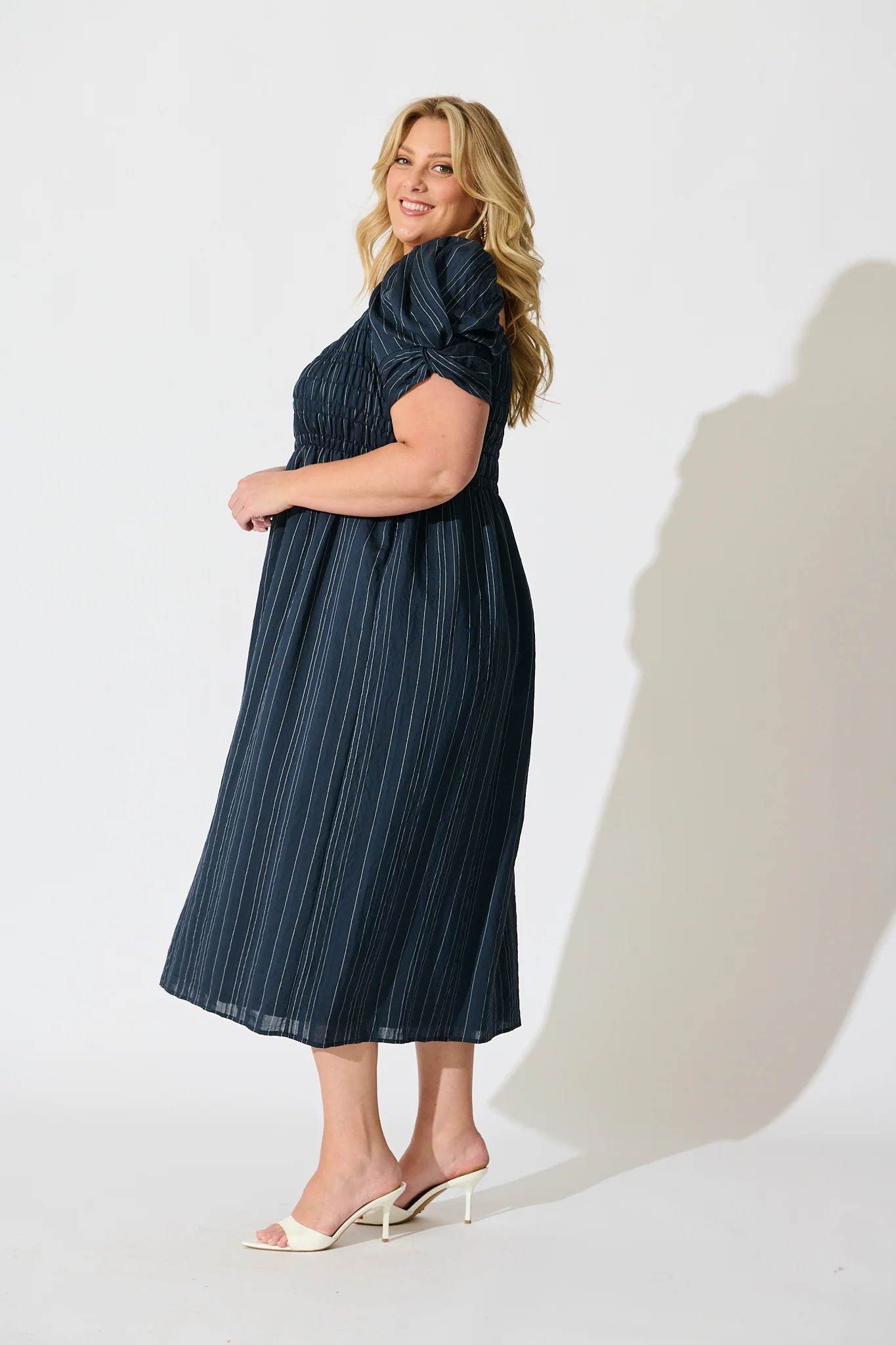 Rouse Midi Dress in Navy with White Stripe Cotton Blend - Image 10