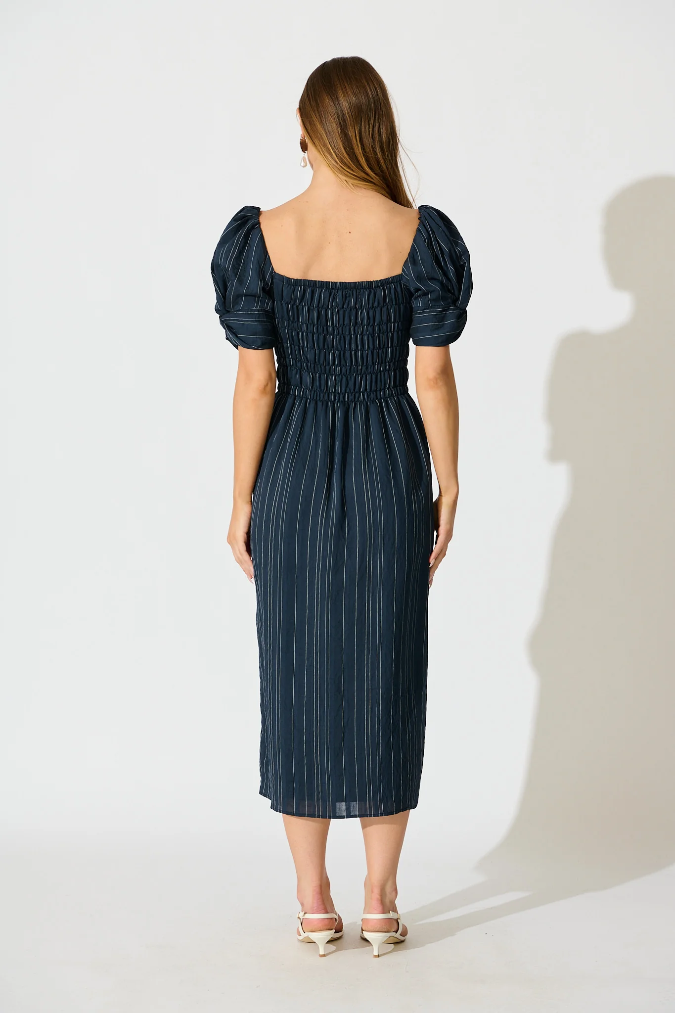 Rouse Midi Dress in Navy with White Stripe Cotton Blend - Image 6