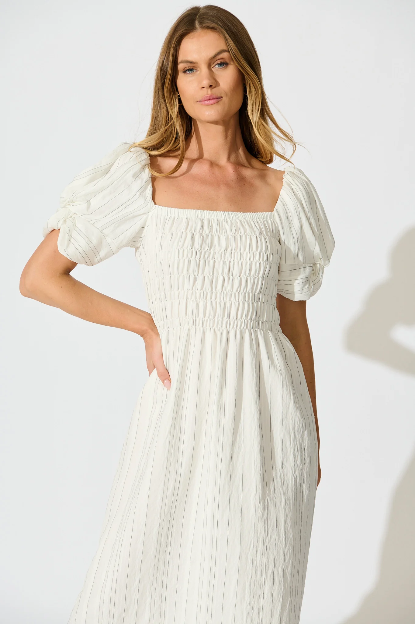 Rouse Midi Dress in White with Black Stripe Cotton Blend - Image 2