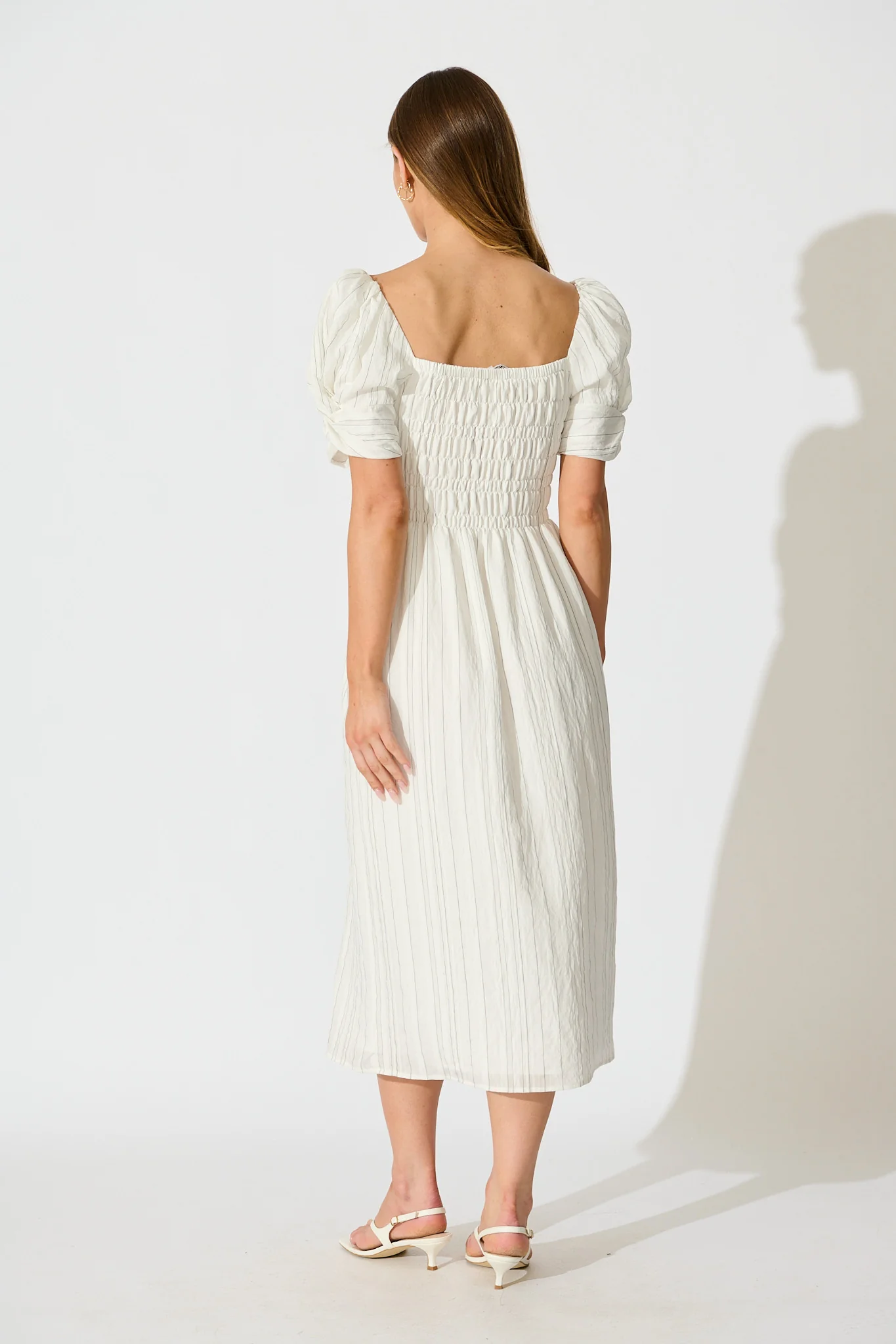 Rouse Midi Dress in White with Black Stripe Cotton Blend - Image 4