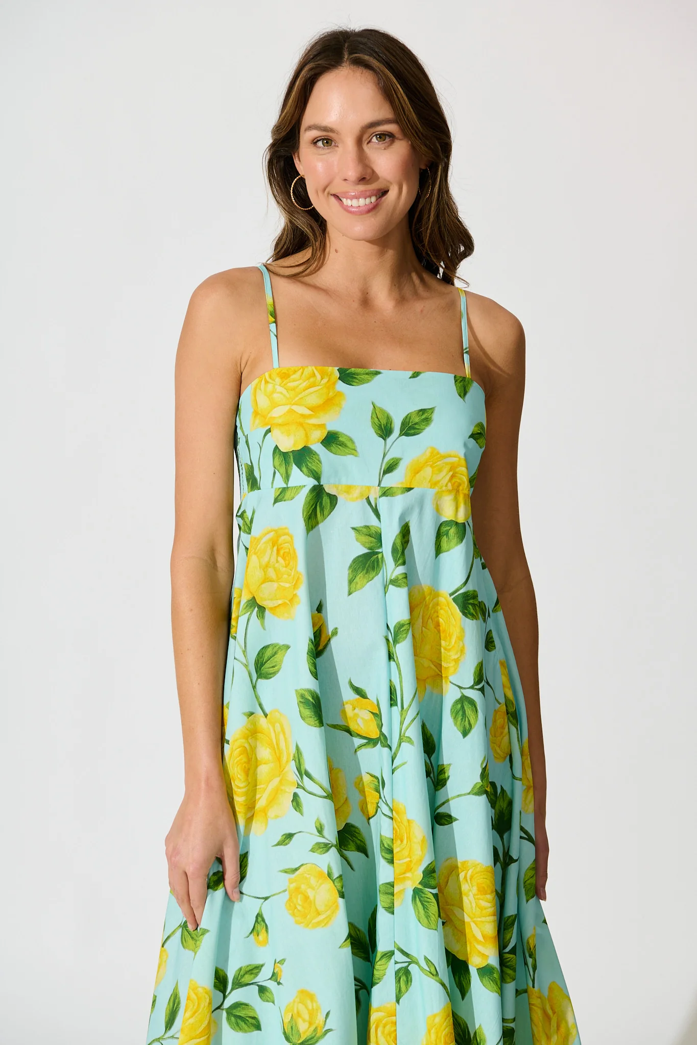 Ruthie Maxi Sundress in Blue with Lemon Yellow Floral Cotton - Image 2