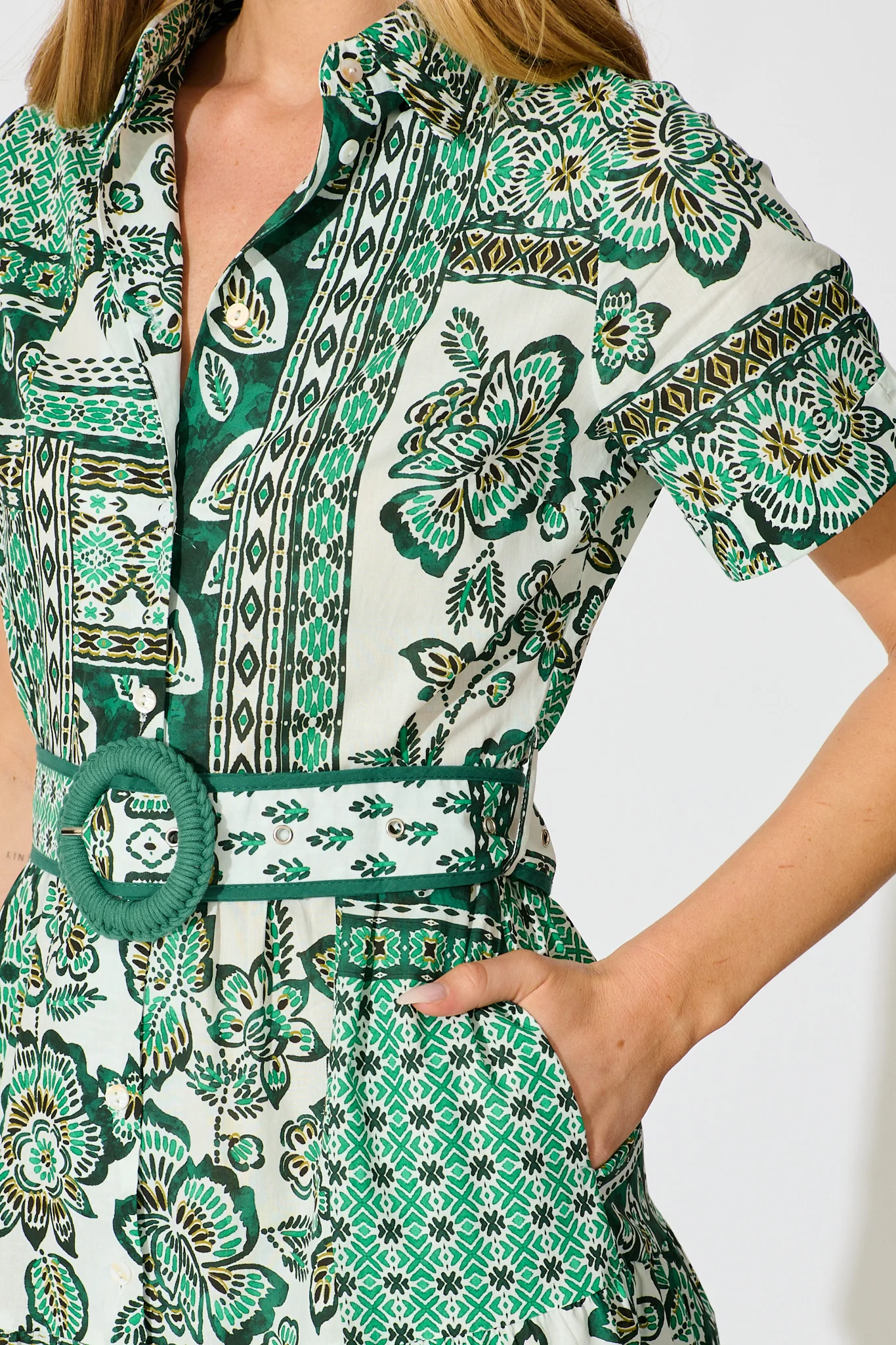 Sable Maxi Shirt Dress in Green with White Patchwork Cotton - Image 5