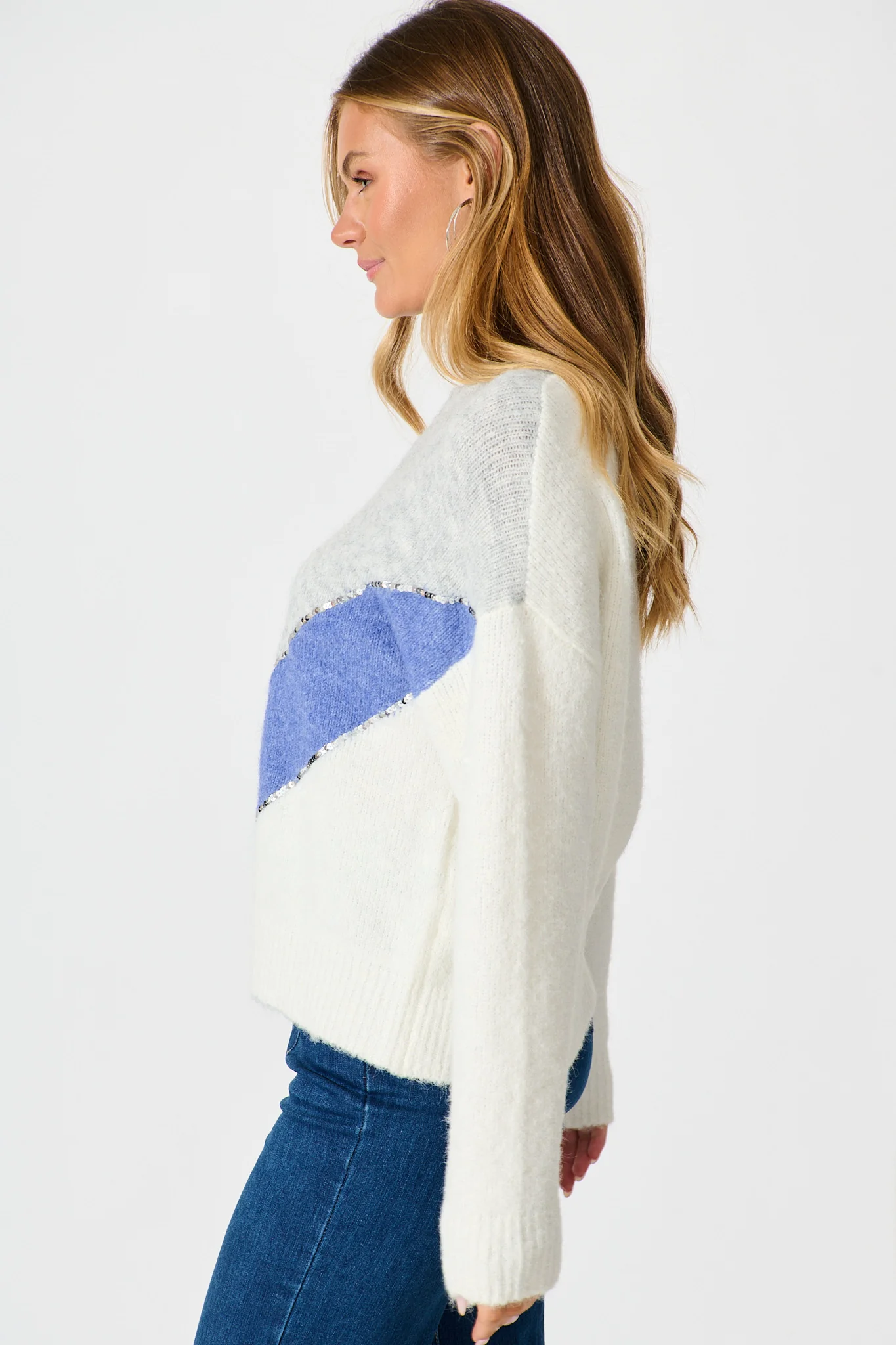 Sabre Knit in Grey with Blue Colourblock Sequin Wool Blend - Image 2