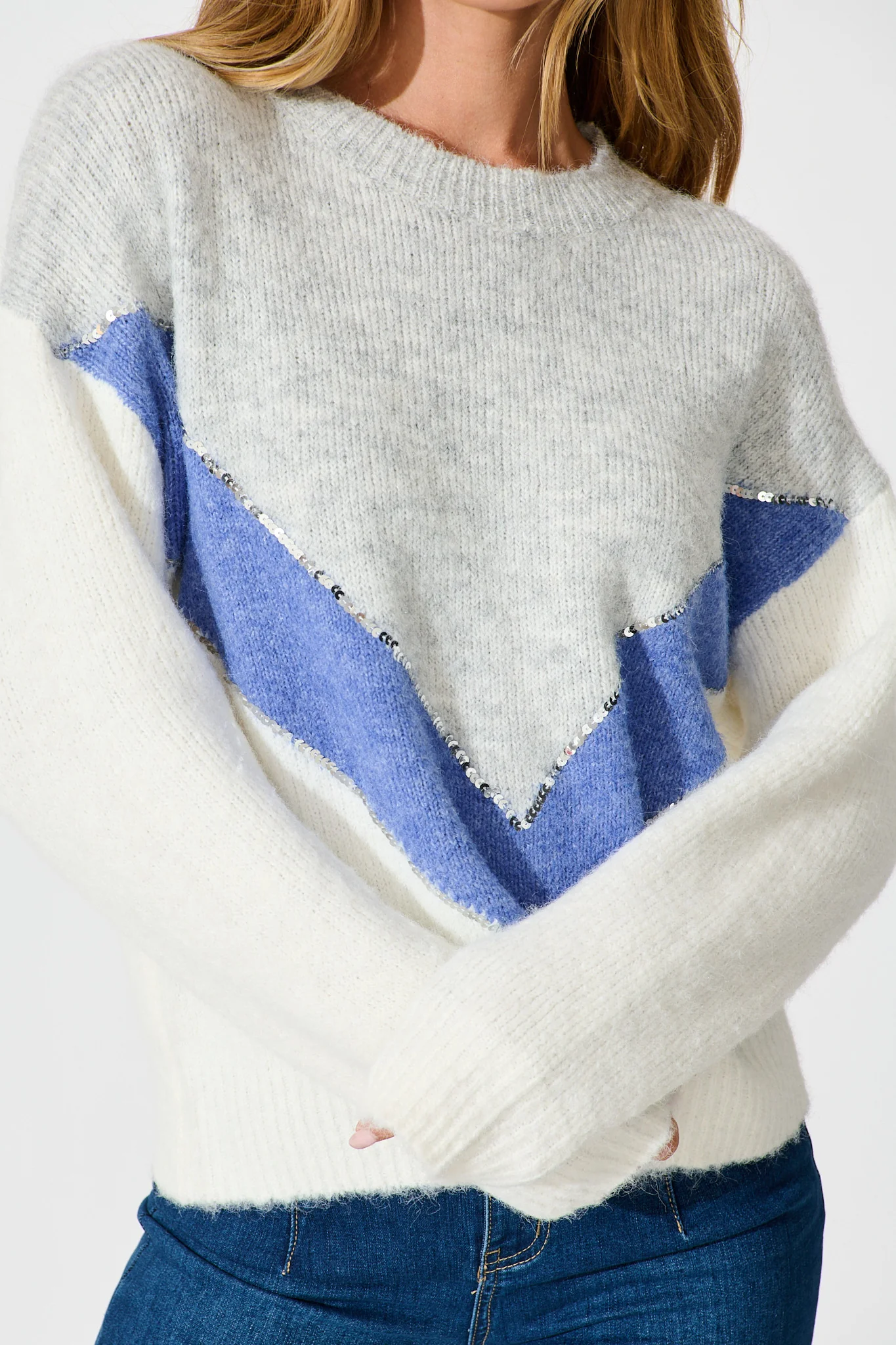 Sabre Knit in Grey with Blue Colourblock Sequin Wool Blend - Image 5