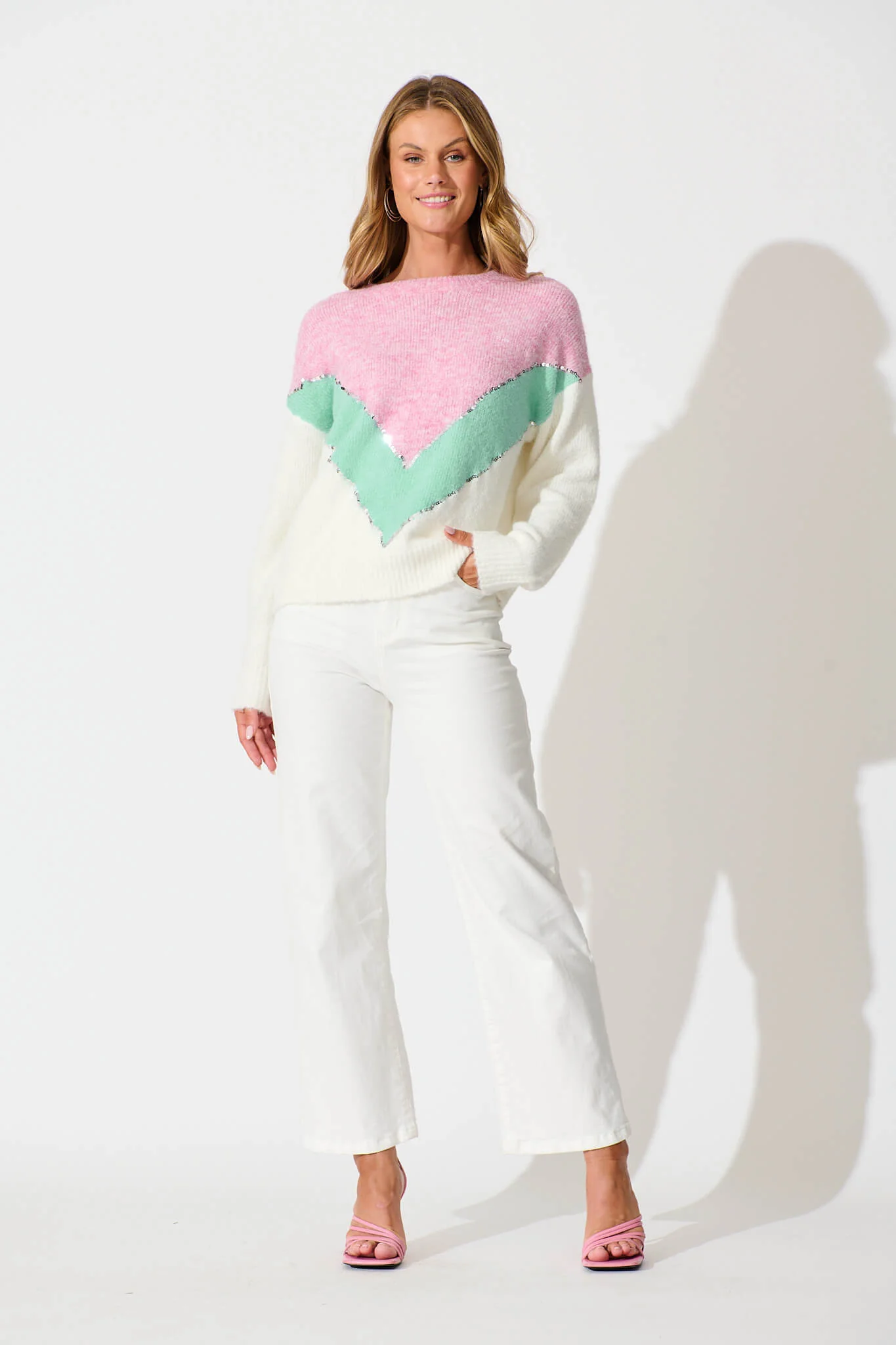 Sabre Knit in Pink with Green Colourblock Sequin Wool Blend - Image 8