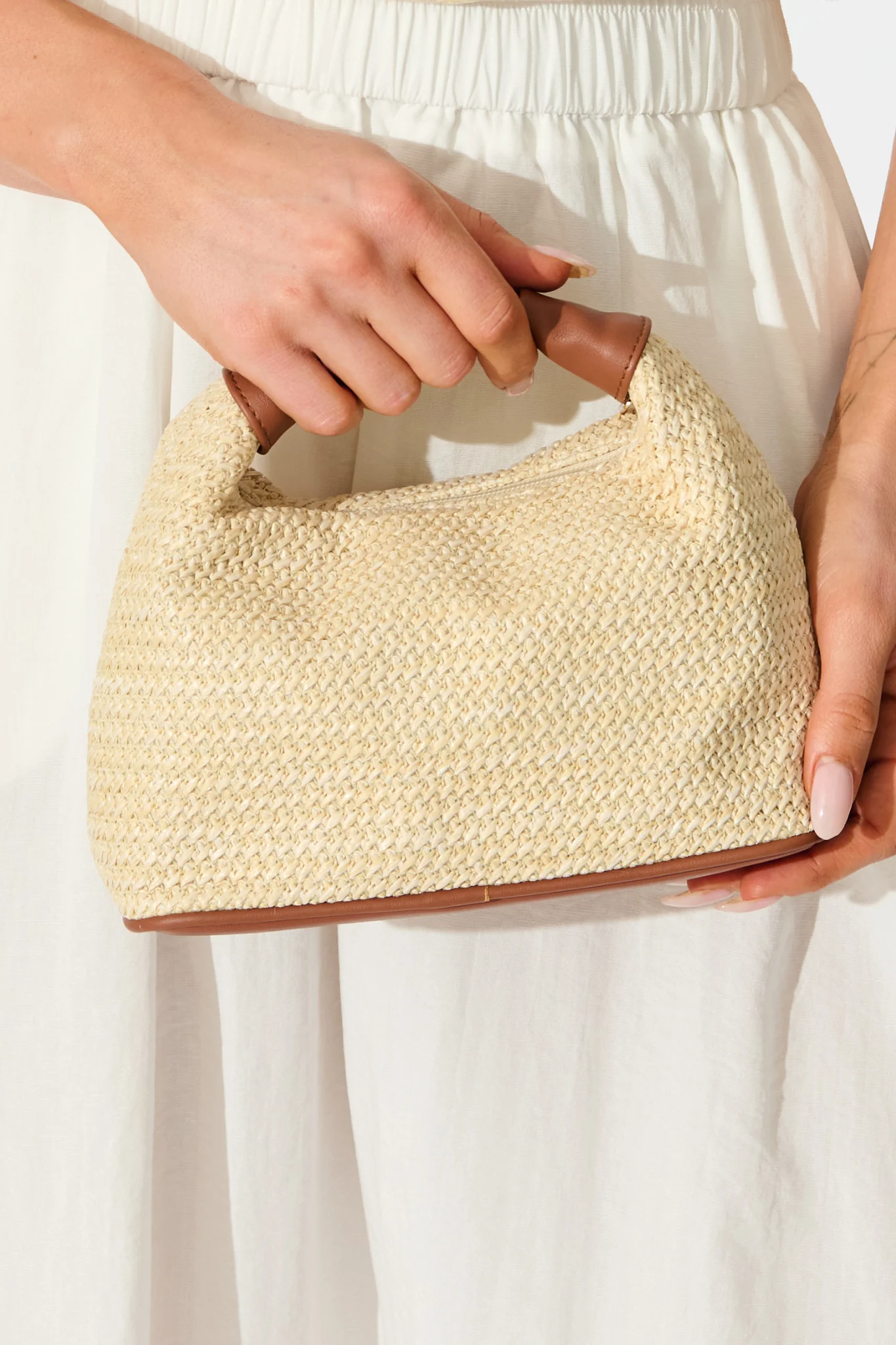 Sabrina Raffia Handle Bag in Natural and Tan Trim
