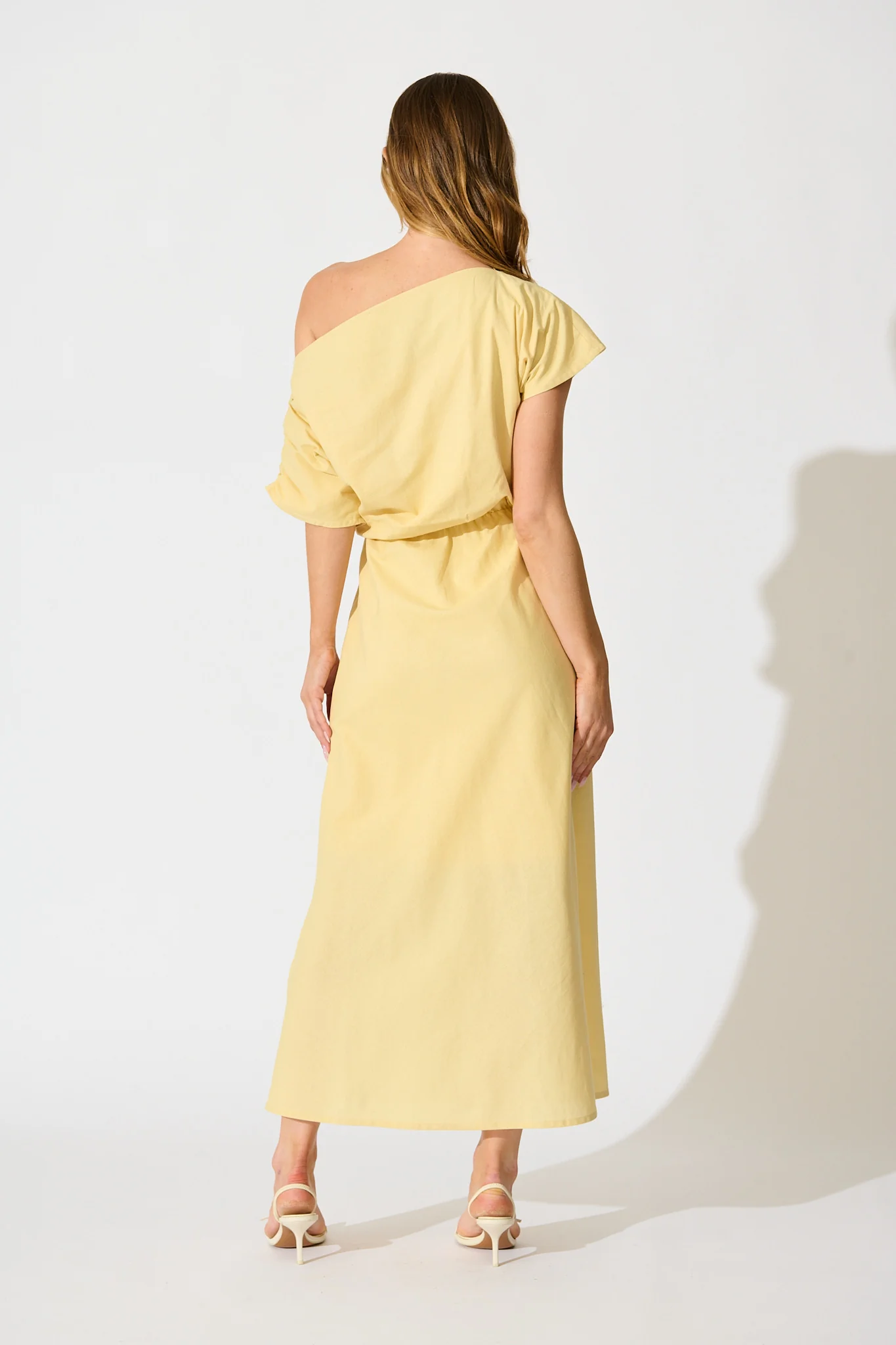 Saffron Sky Maxi Off Shoulder Dress in Butter Yellow Cotton - Image 4