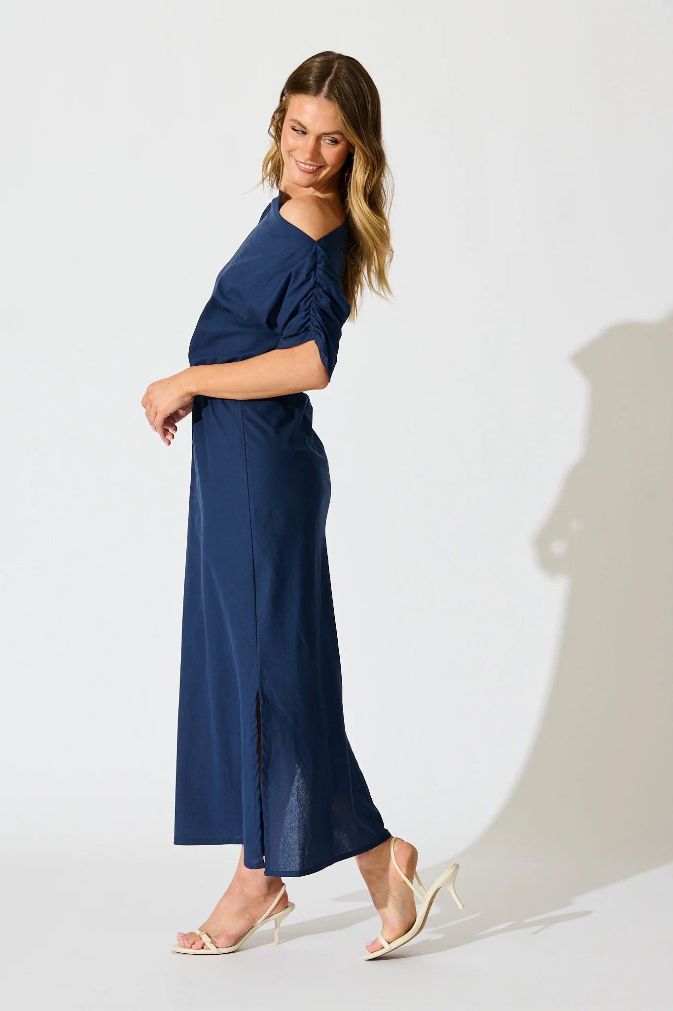Saffron Sky Maxi Off Shoulder Dress in Navy Cotton - Image 3