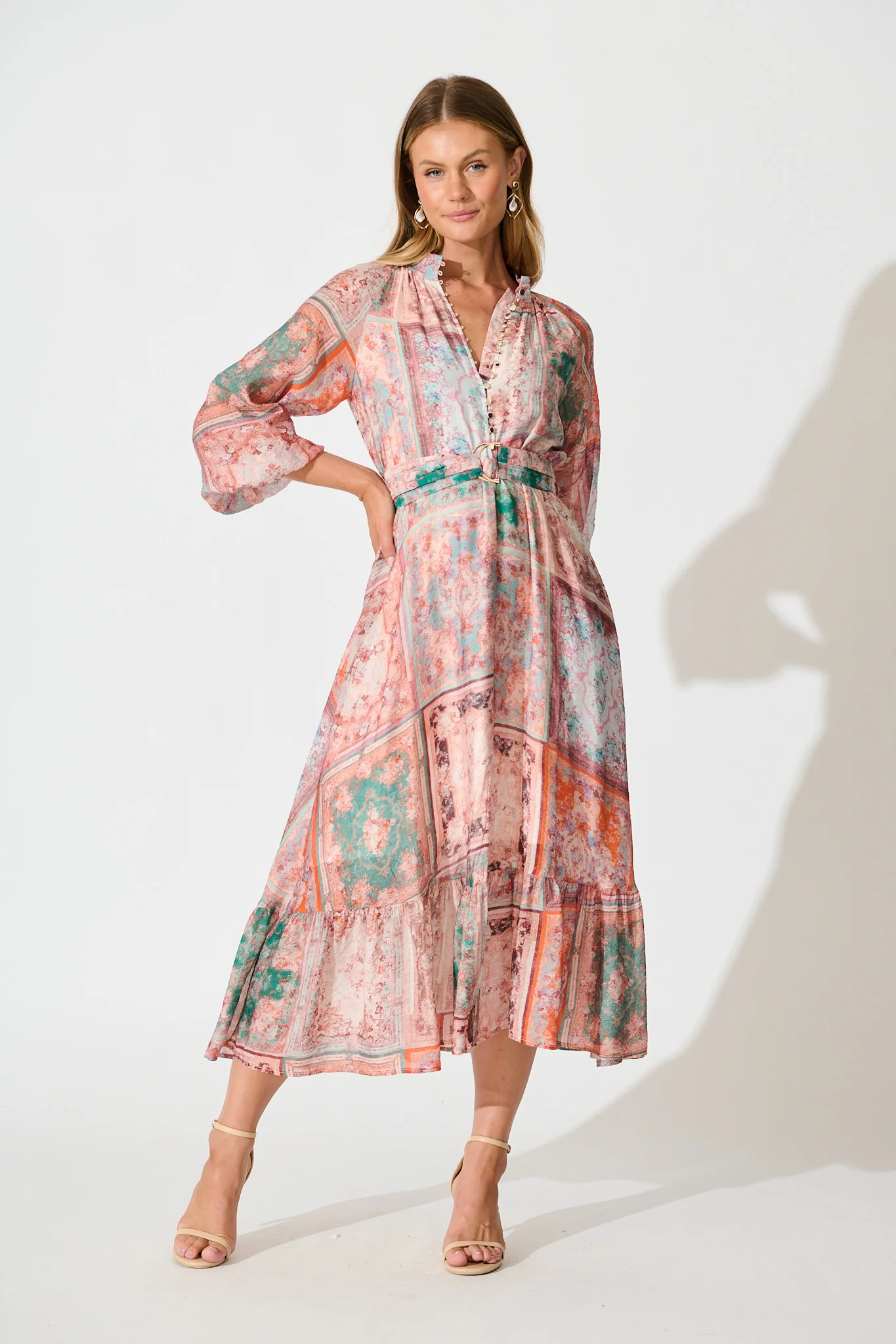 Sardina Midi Dress in Blush and Multi Patchwork Print