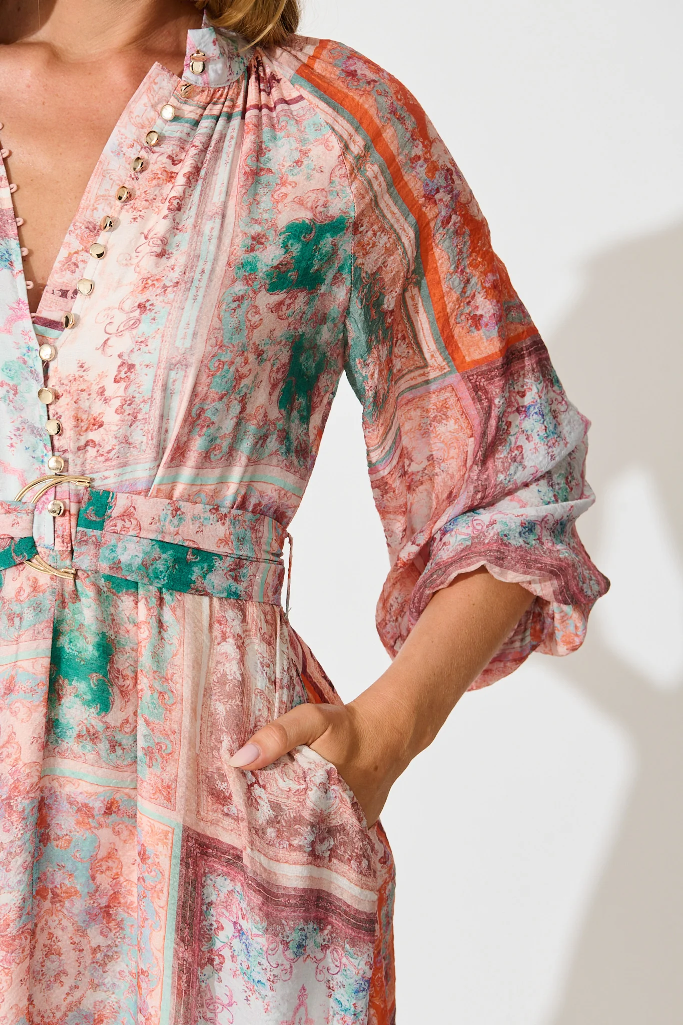Sardina Midi Dress in Blush and Multi Patchwork Print - Image 5