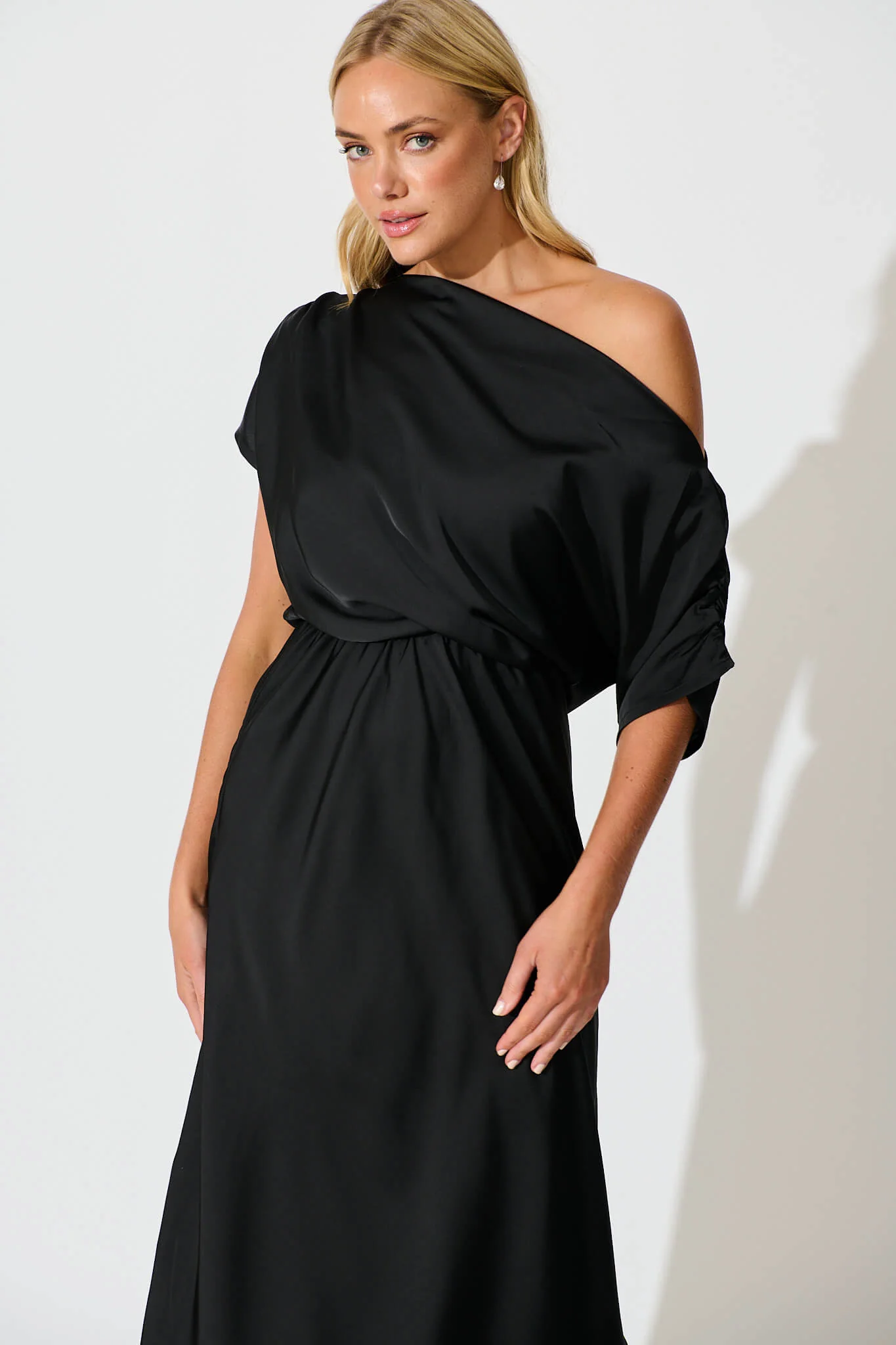 Sarita Maxi Off Shoulder Dress in Black Satin - Image 4