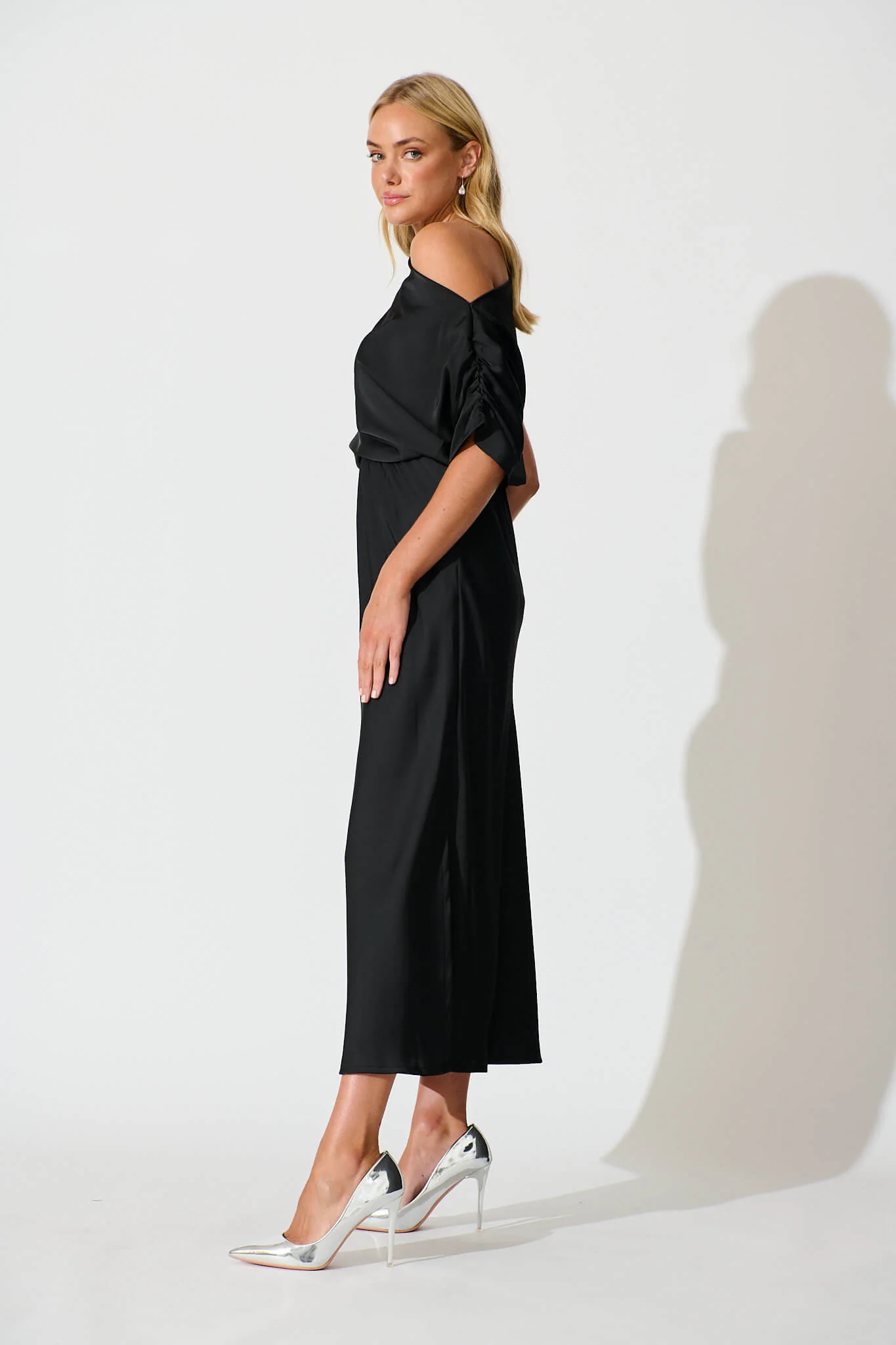Sarita Maxi Off Shoulder Dress in Black Satin - Image 5