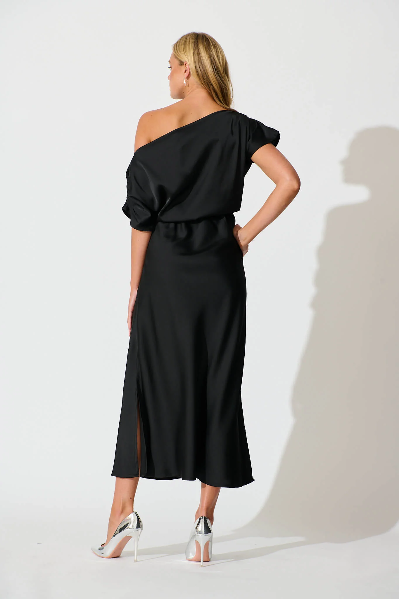 Sarita Maxi Off Shoulder Dress in Black Satin - Image 6