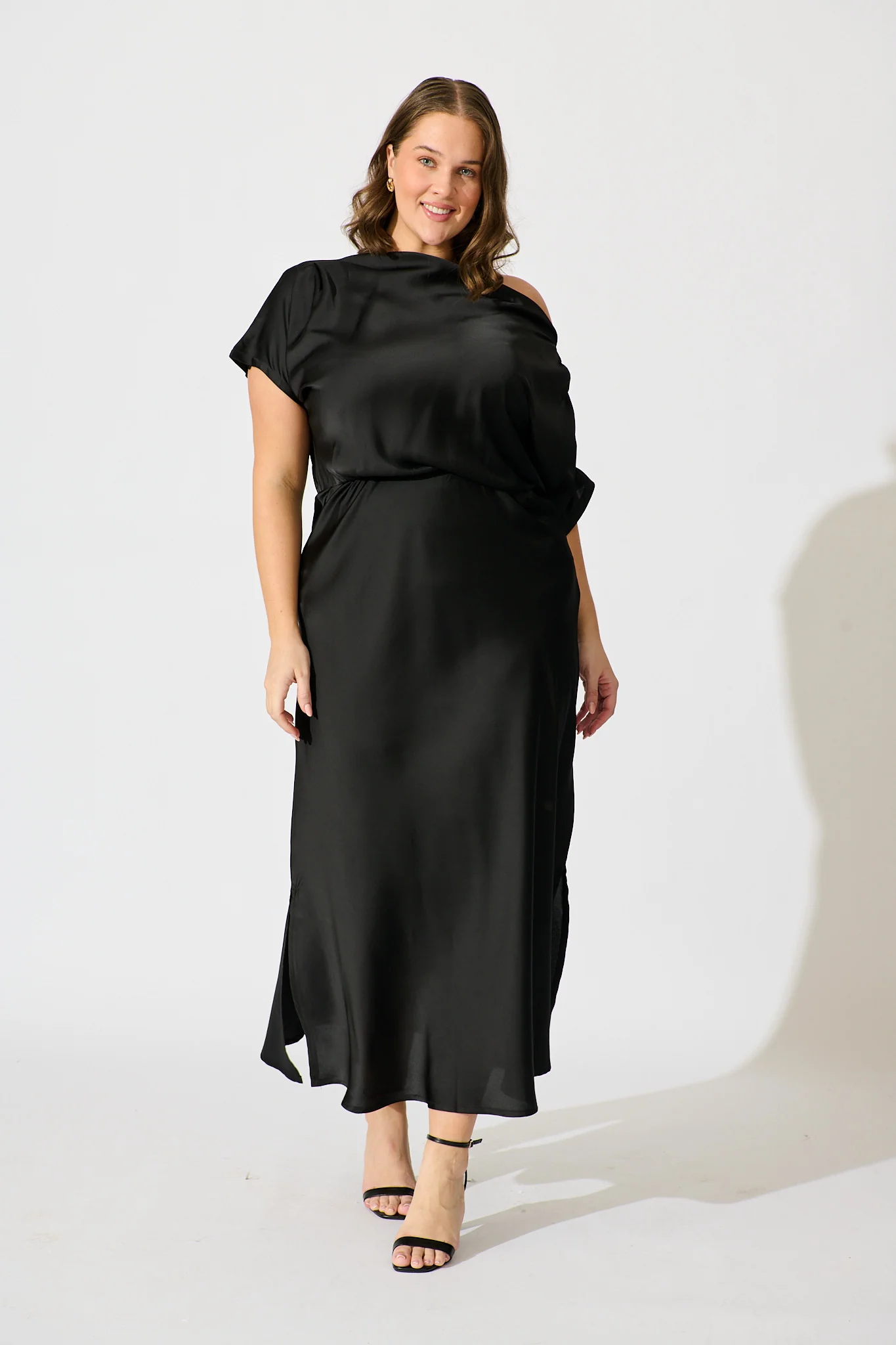 Sarita Maxi Off Shoulder Dress in Black Satin - Image 7