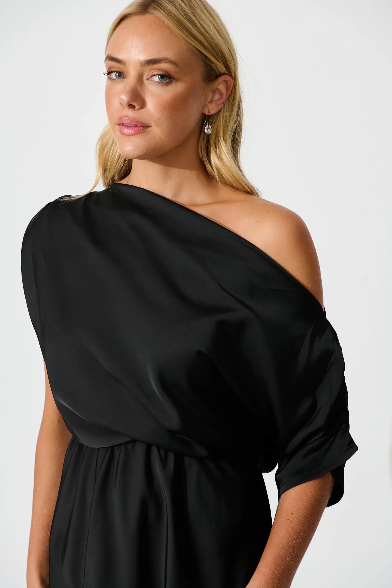 Sarita Maxi Off Shoulder Dress in Black Satin - Image 8