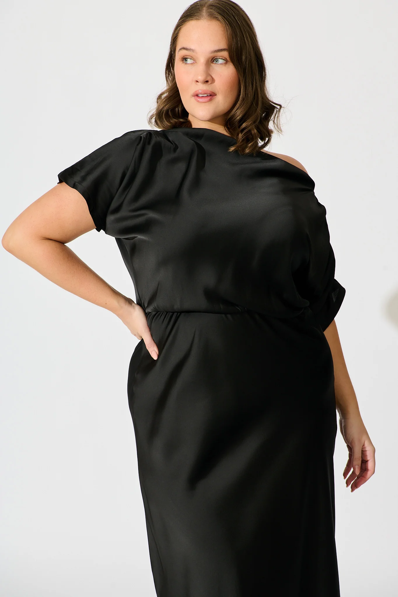 Sarita Maxi Off Shoulder Dress in Black Satin - Image 9