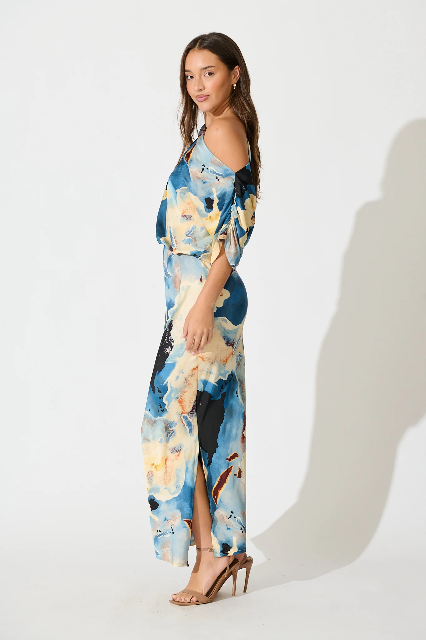 Sarita Maxi Off Shoulder Dress in Blue Watercolour Satin - Image 5