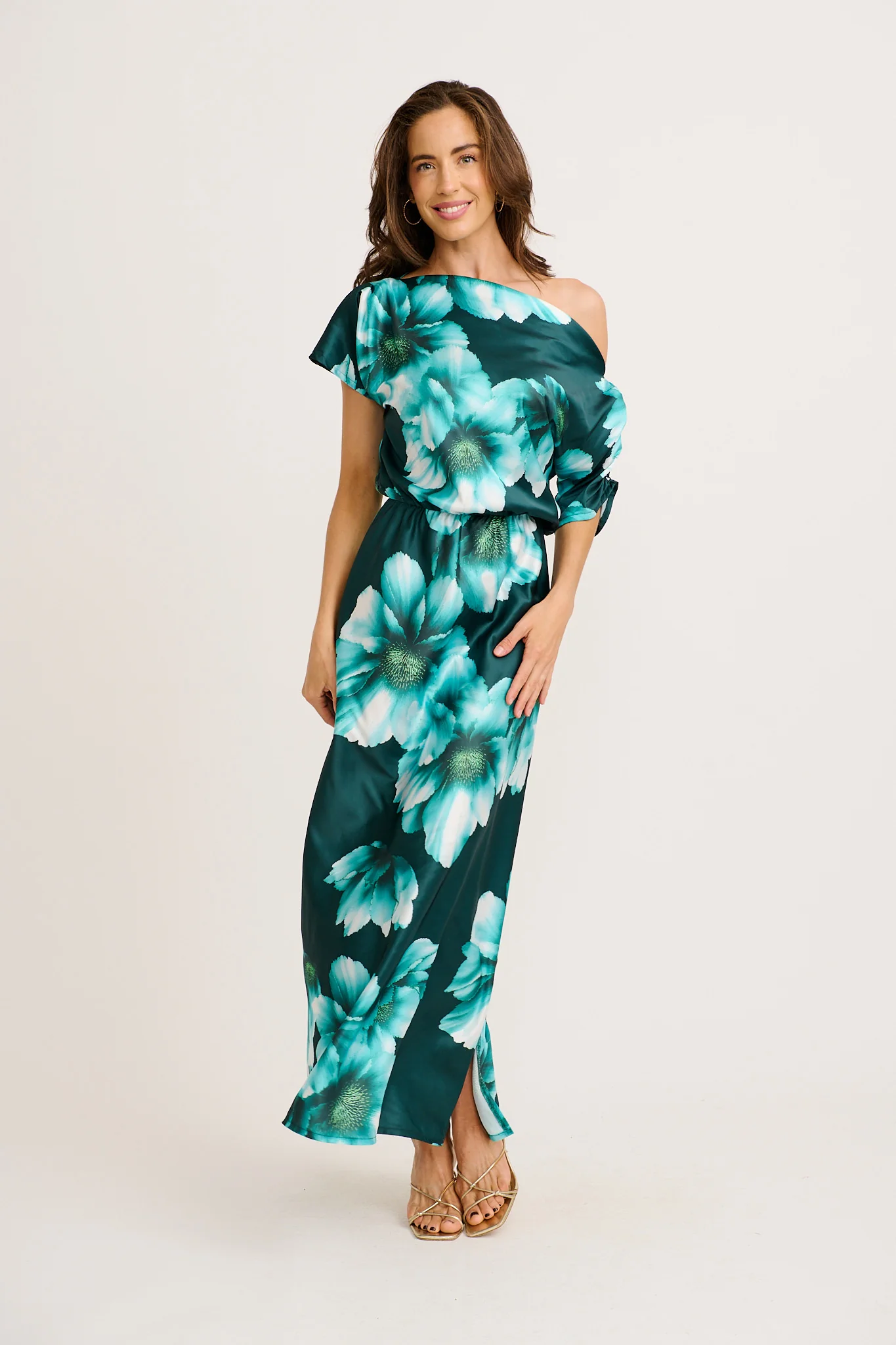 Sarita Maxi Off Shoulder Dress in Green with White Floral Satin - Image 2