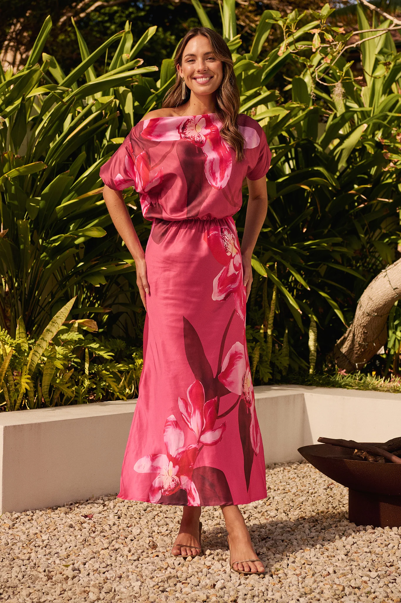Sarita Maxi Off Shoulder Dress in Multi Pink Floral Satin - Image 4