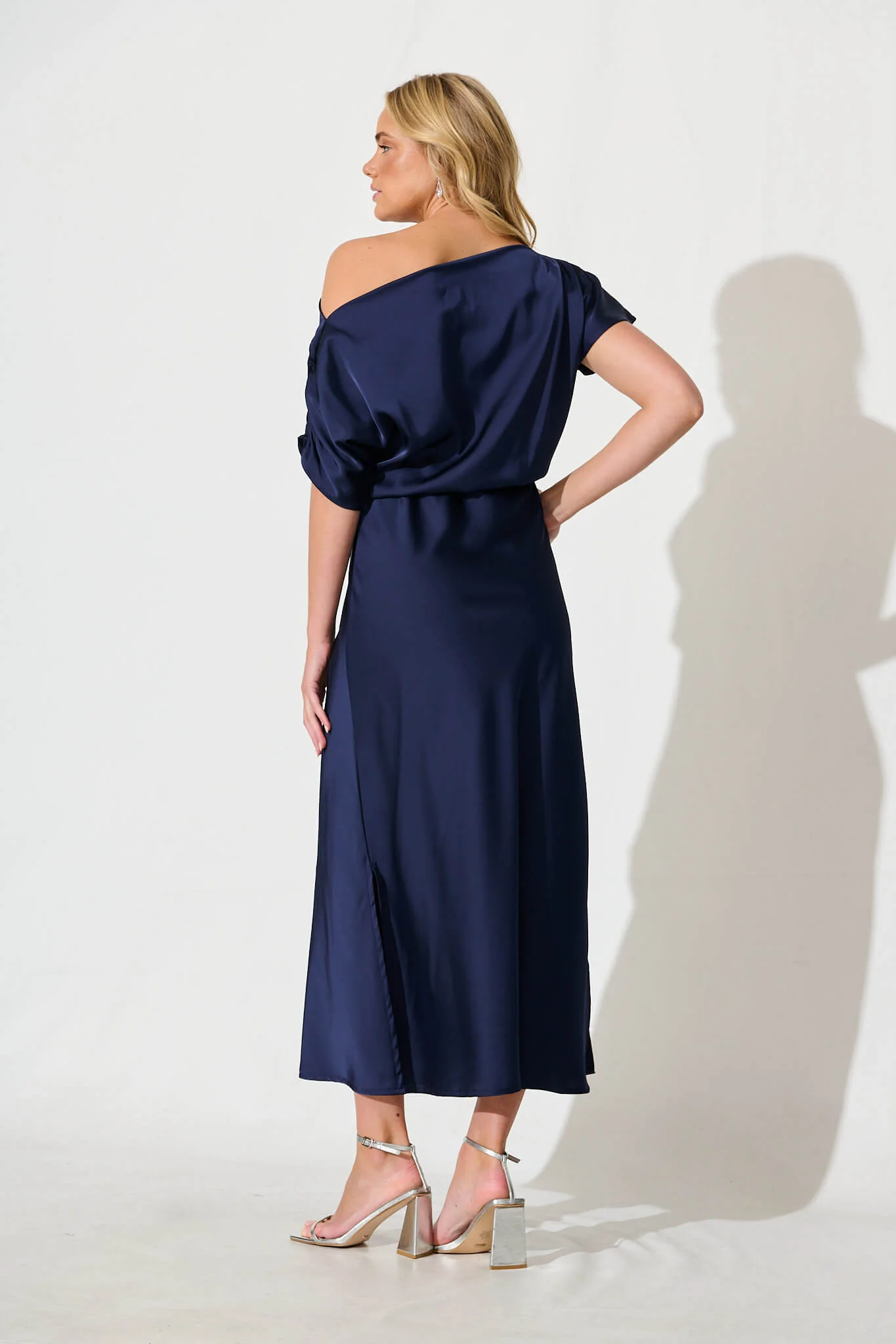 Sarita Maxi Off Shoulder Dress in Navy Satin - Image 4