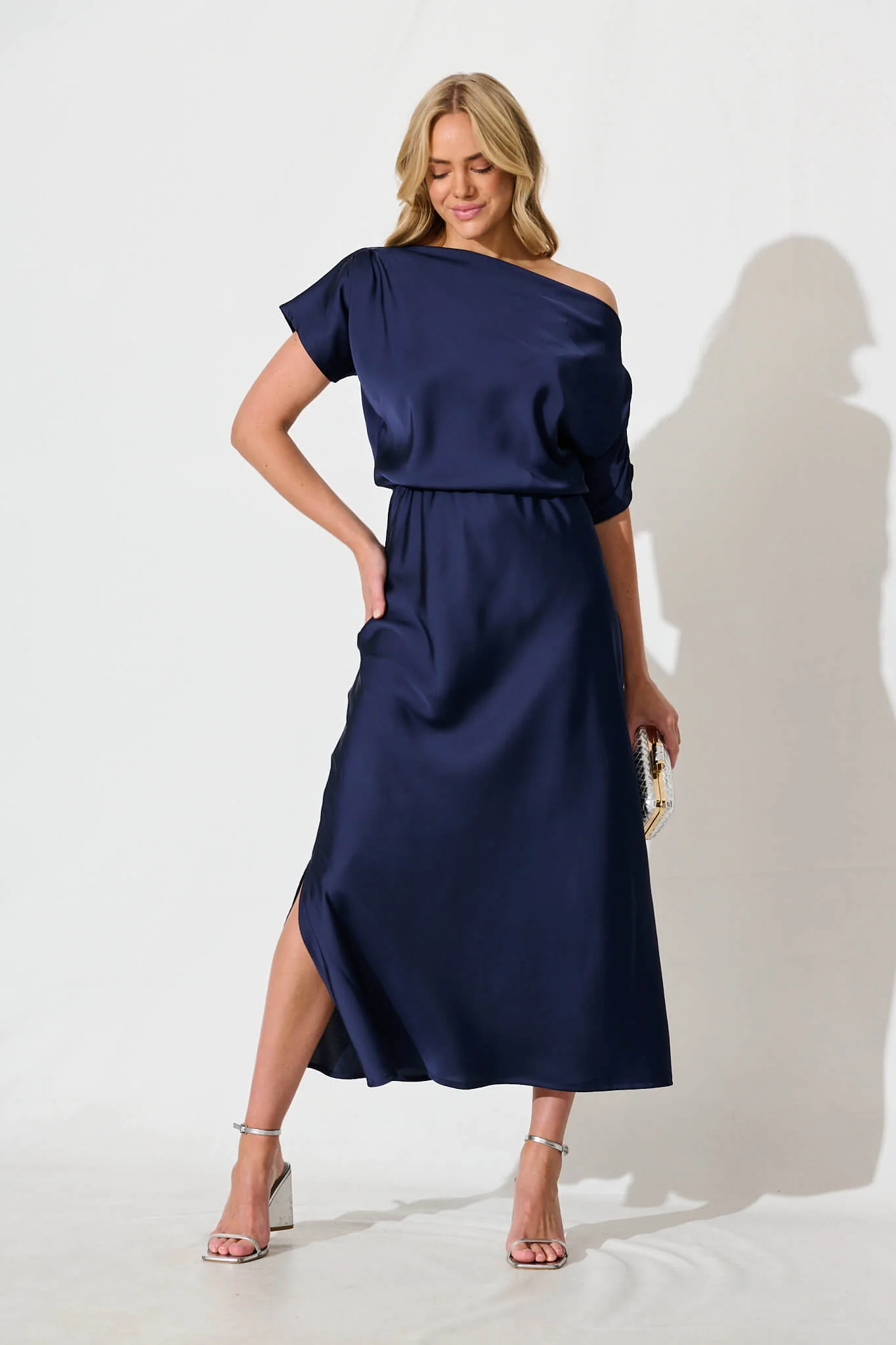 Sarita Maxi Off Shoulder Dress in Navy Satin - Image 5