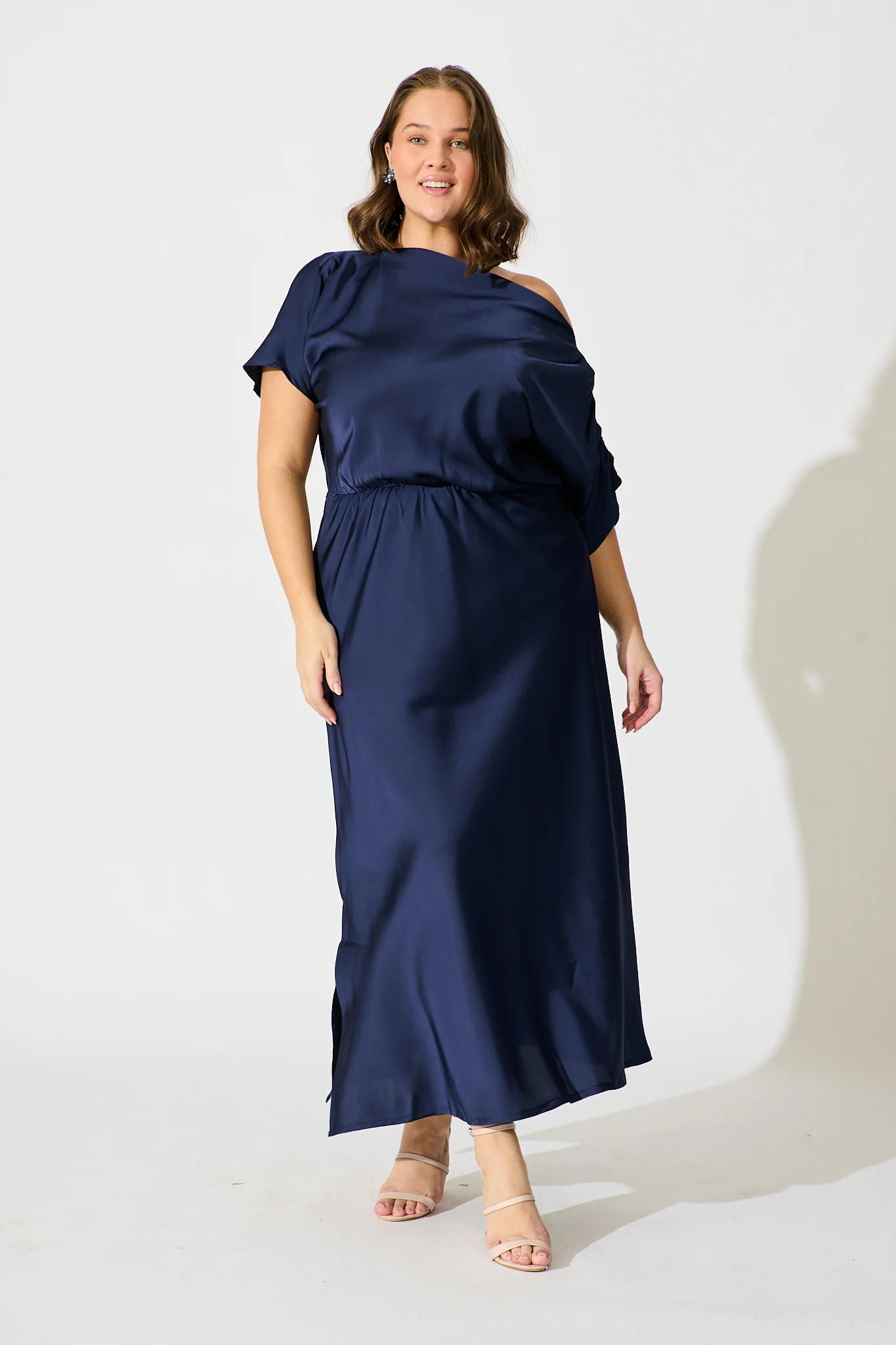 Sarita Maxi Off Shoulder Dress in Navy Satin - Image 7