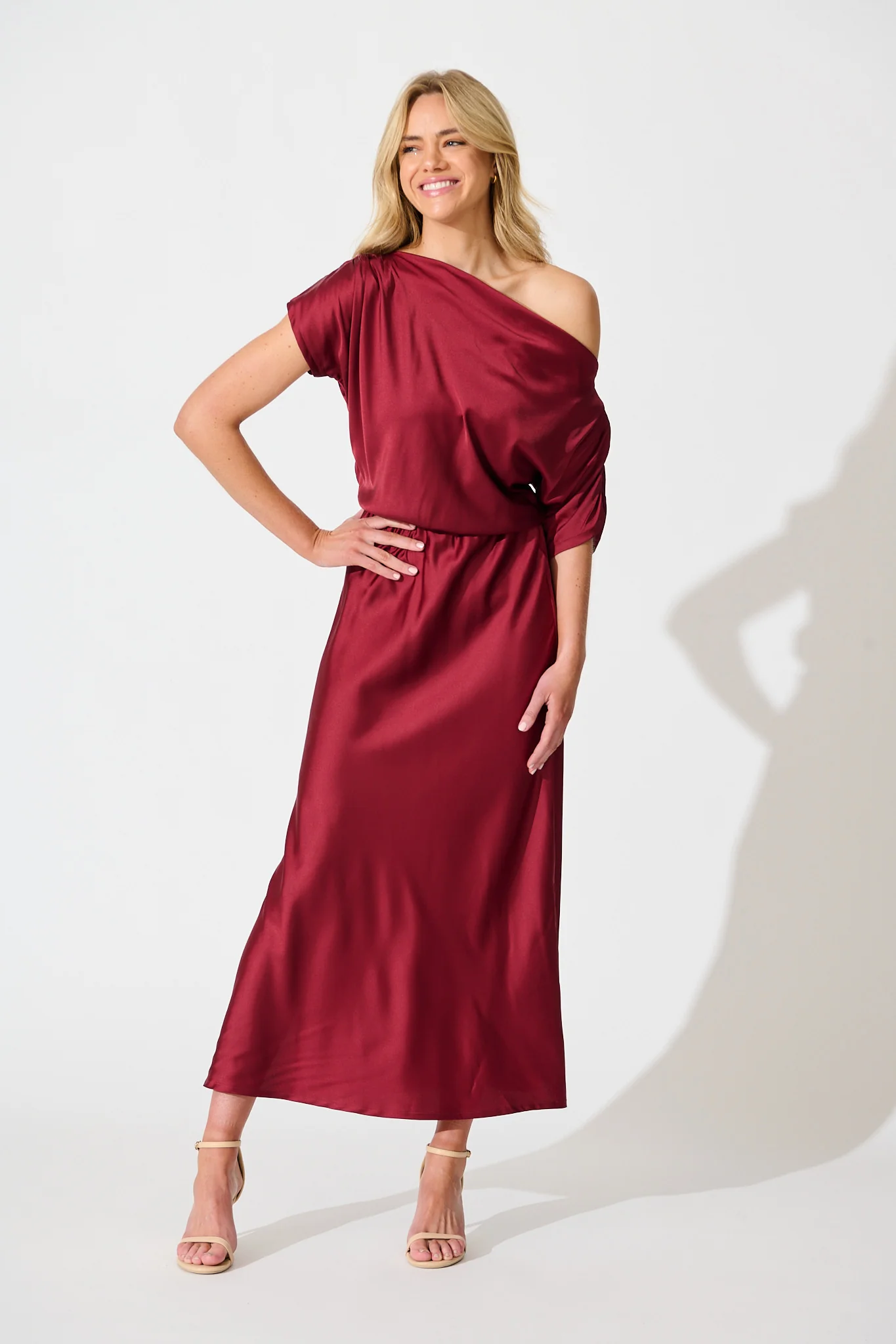Sarita Maxi Off Shoulder Dress in Wine Satin - Image 3