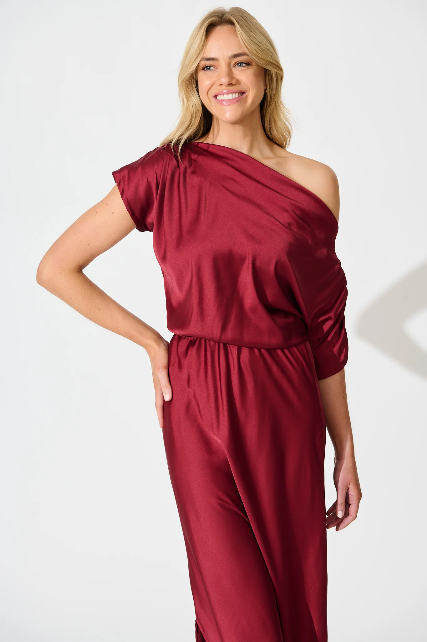 Sarita Maxi Off Shoulder Dress in Wine Satin - Image 4