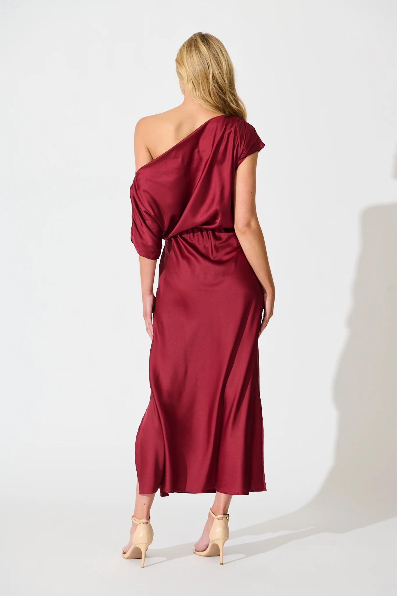 Sarita Maxi Off Shoulder Dress in Wine Satin - Image 6