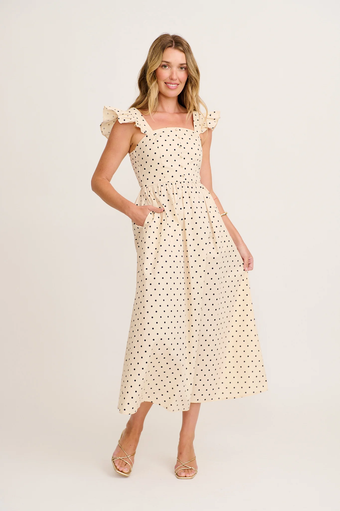 Sascha Maxi Dress in Cream with Black Polka Dot Cotton