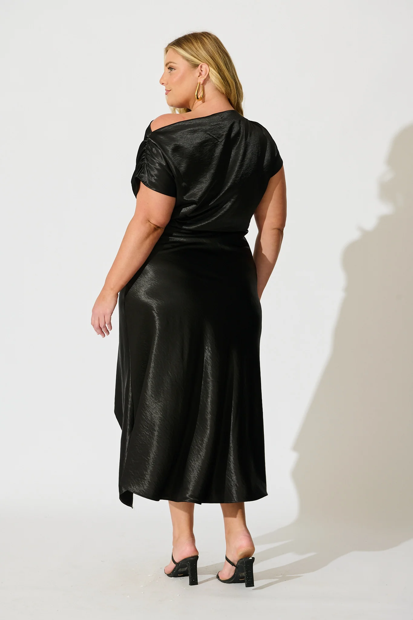 Satin Glow Off Shoulder Maxi Dress in Black Satin - Image 9