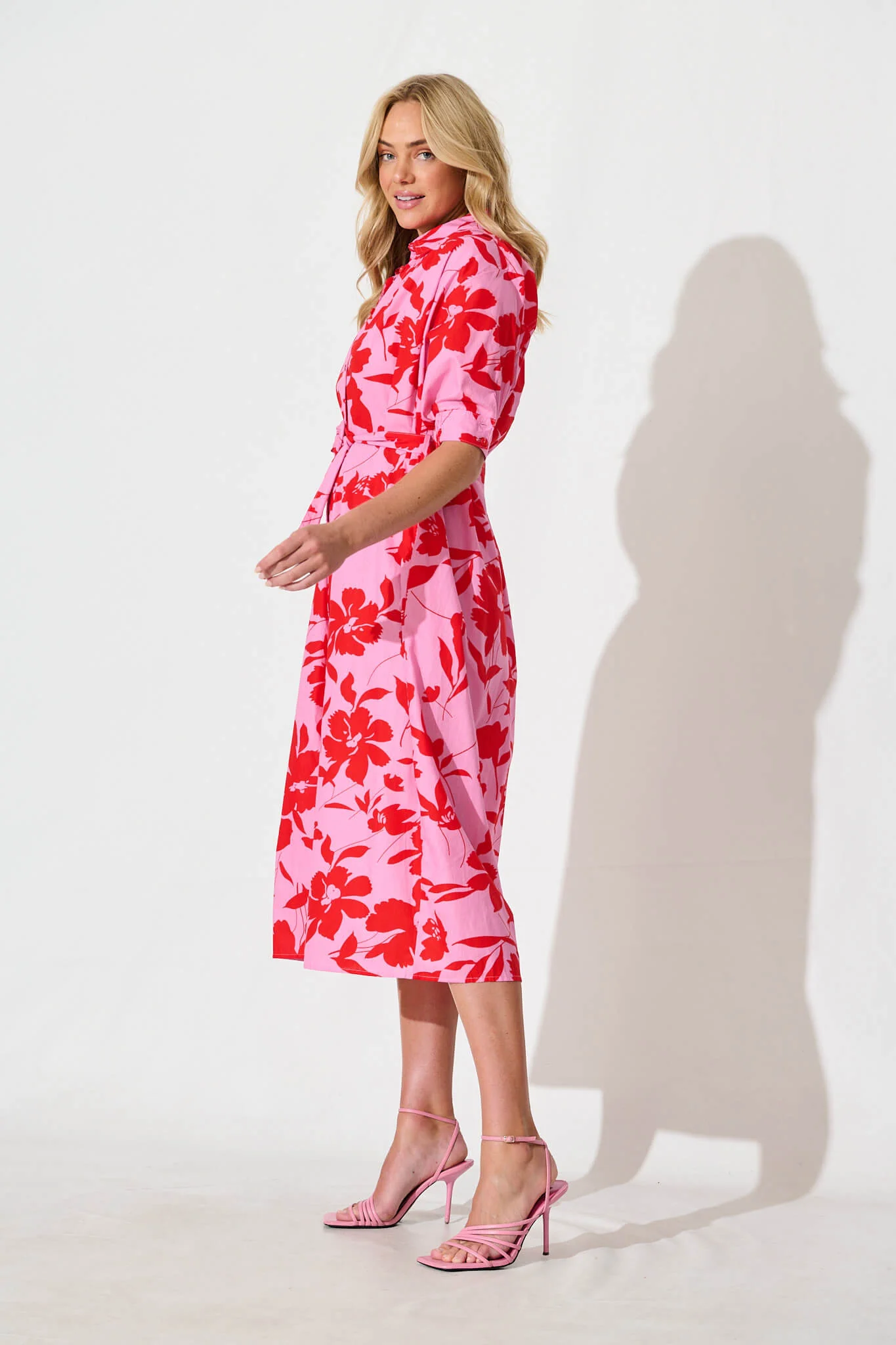 Scottdale Midi Shirt Dress in Pink with Red Floral Cotton - Image 7