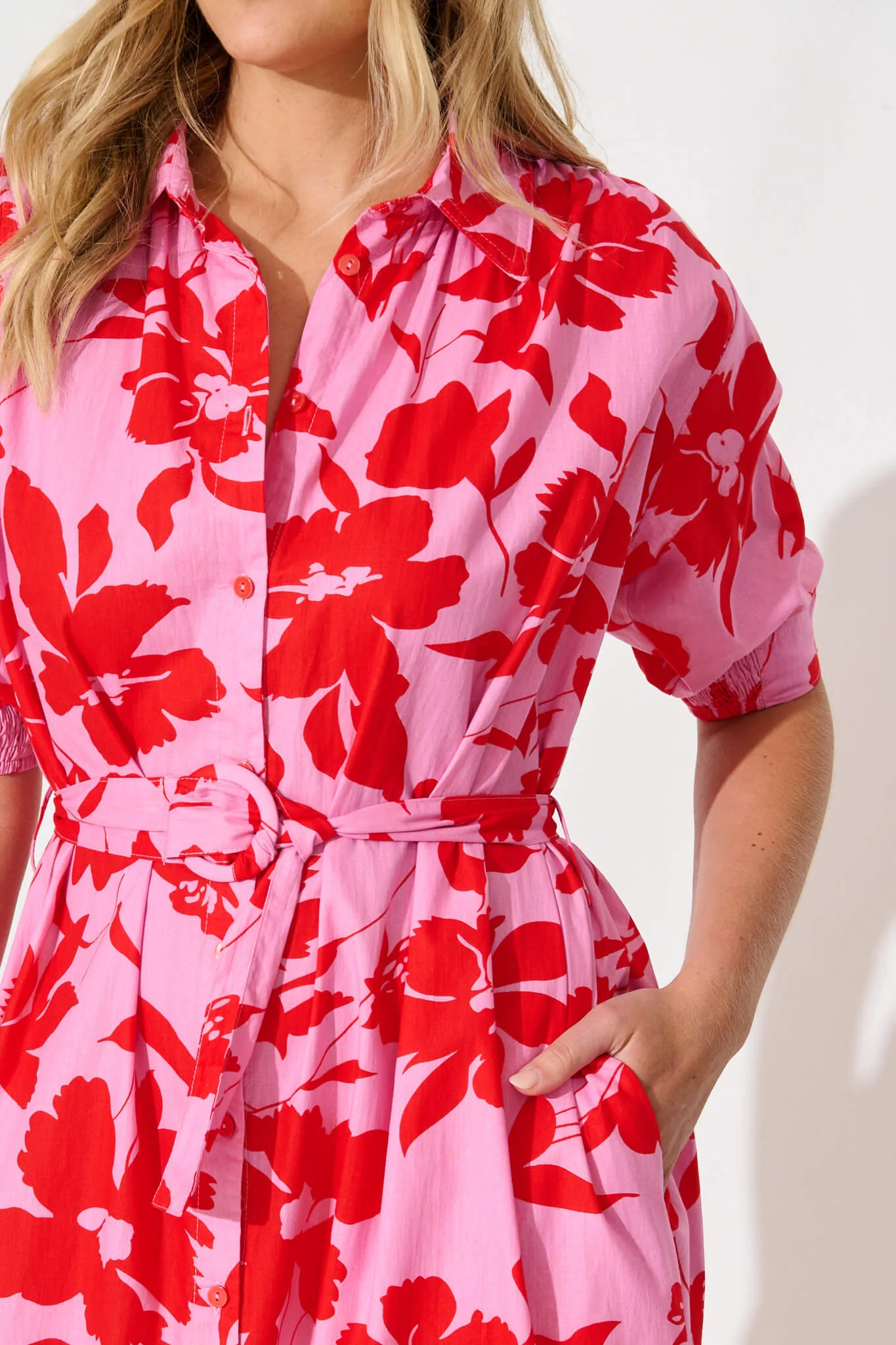 Scottdale Midi Shirt Dress in Pink with Red Floral Cotton - Image 9