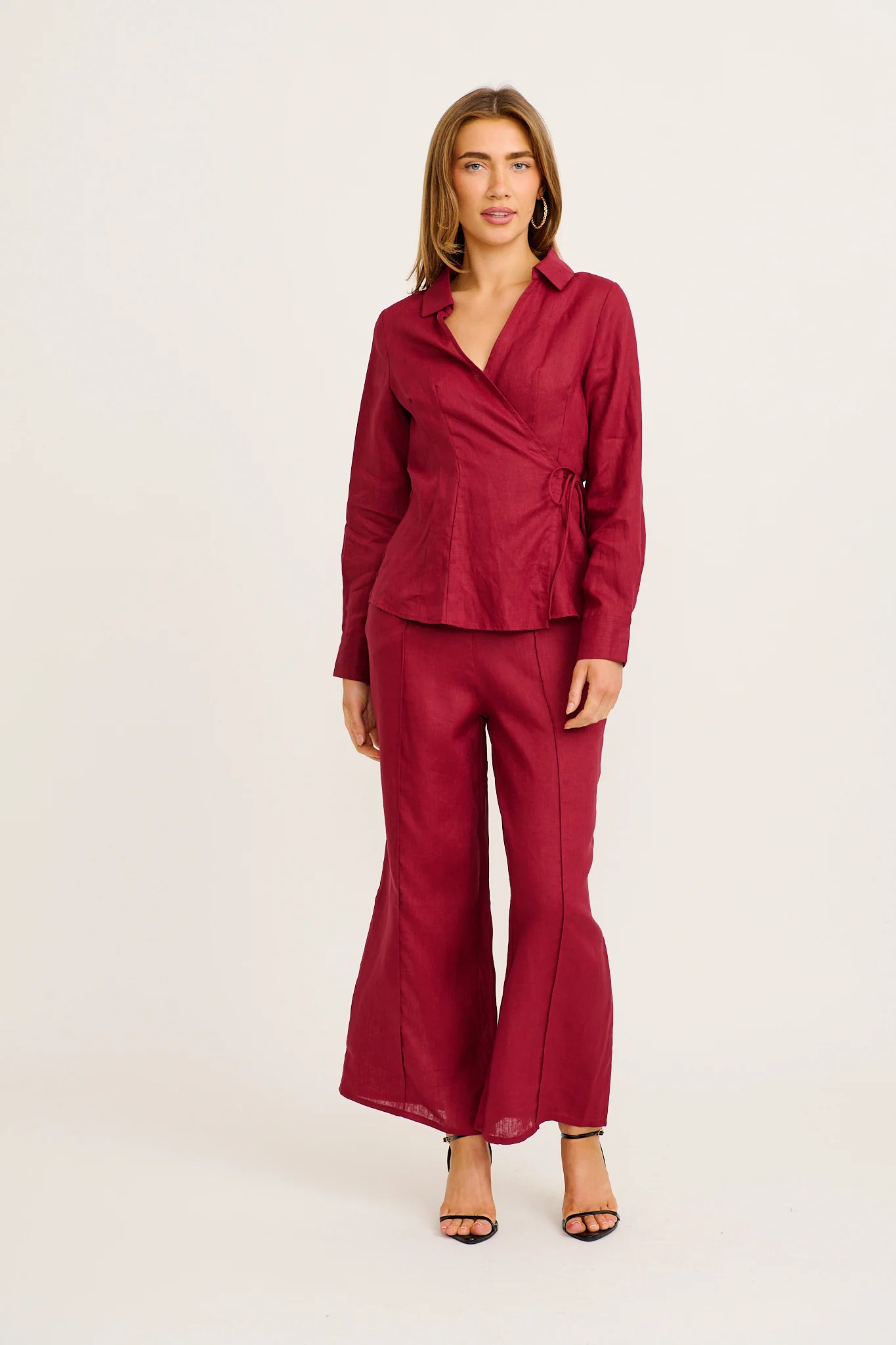 Sea Breeze Wrap Top in Wine Linen - Image 4