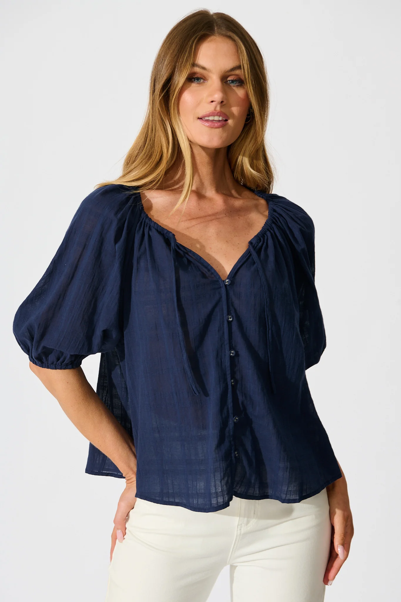 Seabound Top in Navy Textured Cotton - Image 3