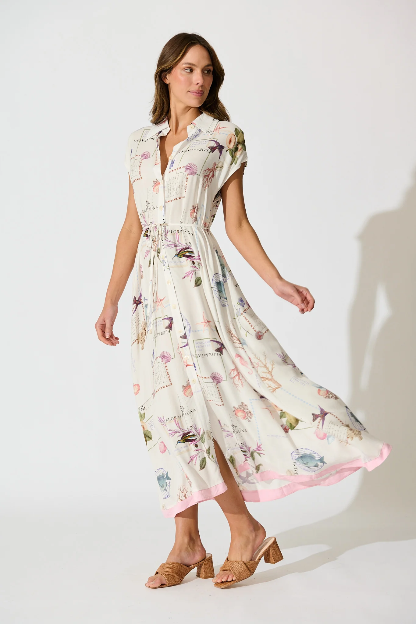 Seashell Skies Maxi Shirt Dress in White with Multi Shell - Image 4