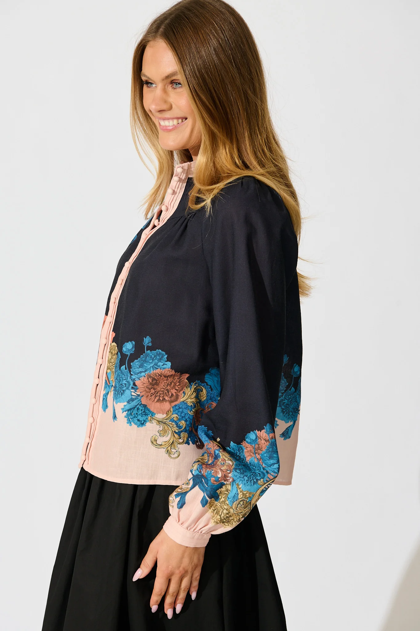 Secret Bloom Blouse Top in Black Multi Floral Linen Blend - Image 3